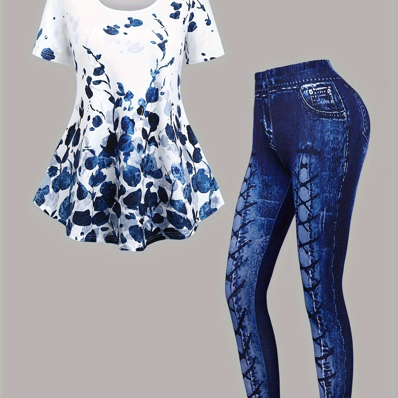 

Casual Plant Print Two-piece Set, Short Sleeve Flare T-shirt & Print Skinny Leggings Outfits, Women's Clothing