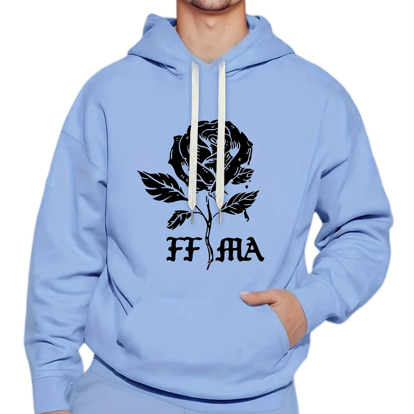 

Ffma And Rose Graphic Print Hoodie With Fleece, Men's Creative Design Hooded Pullover, Warm Long Sleeve Sweatshirt For Men With Kangaroo Pocket For Fall And Winter, As Gifts