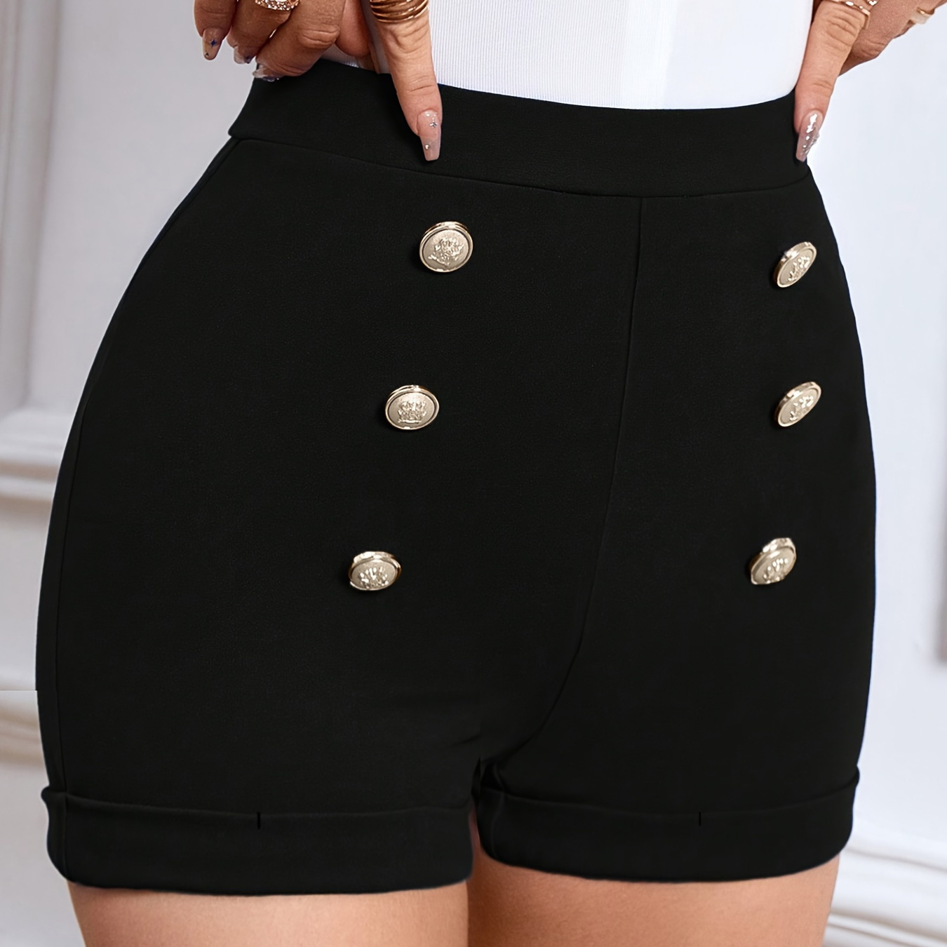 

Button Decor Solid Shorts, Casual High Waist Shorts, Women's Clothing