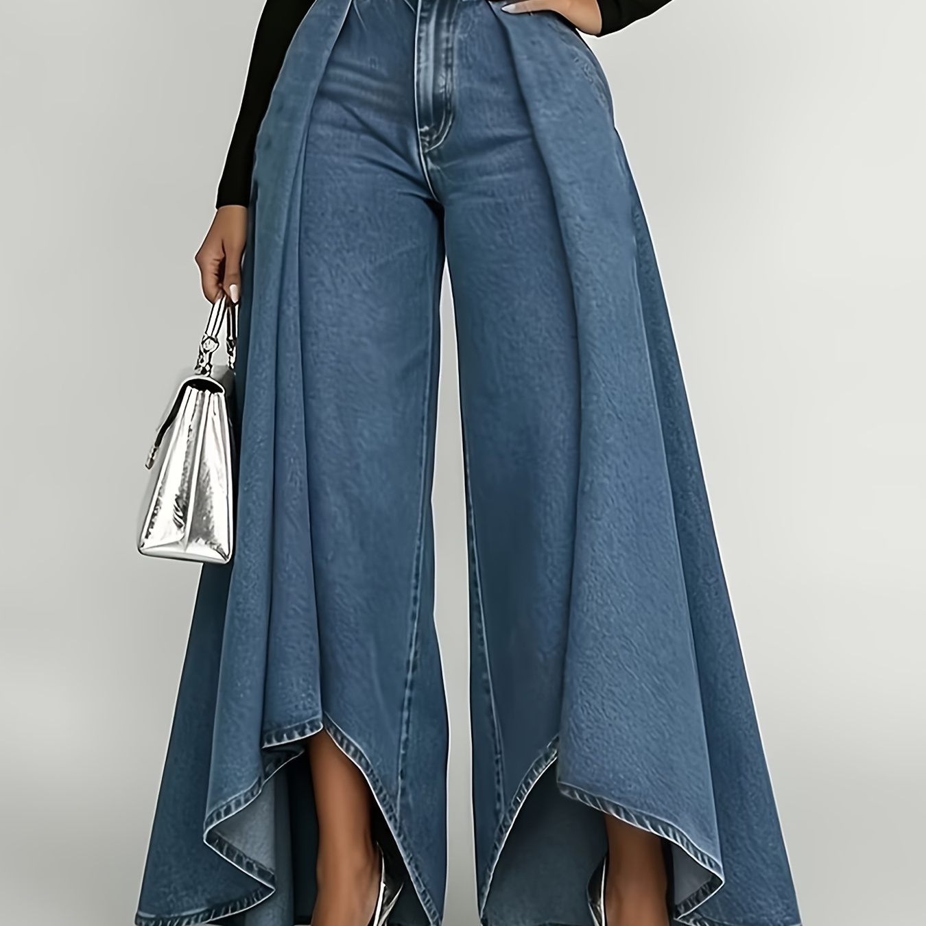 Blue Denim Wide-Leg Slit Jeans