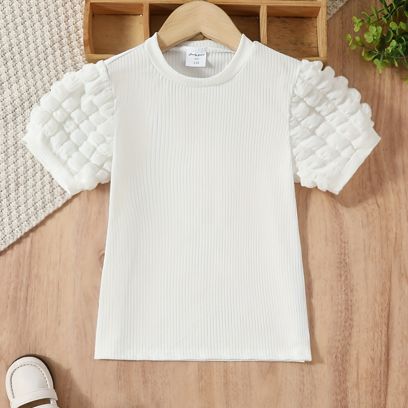 

Girls Casual Cute Ribbed Puff Sleeve T-shirt, Short Sleeve Crew Neck Top For Summer