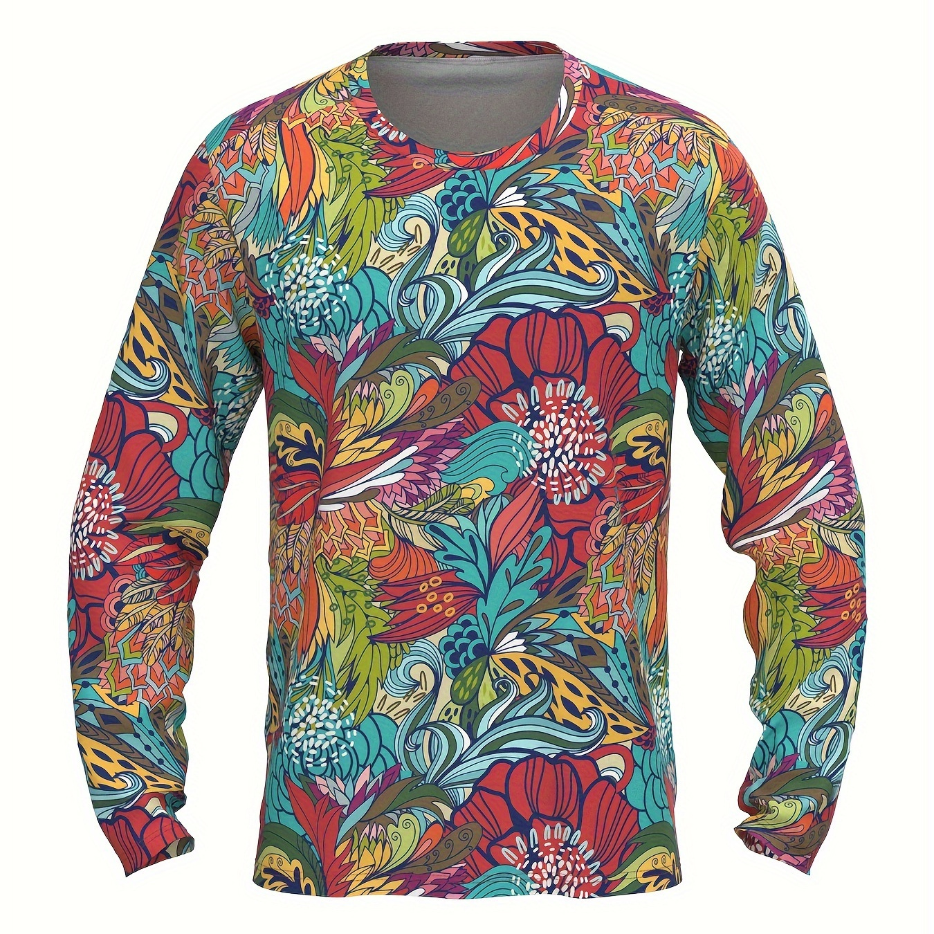 

Men's Floral Print Sun Protection Shirt, Active Breathable Long Sleeve Crew Neck Slim-fit High Stretch Rash Guard For Fishing Hiking Outdoor