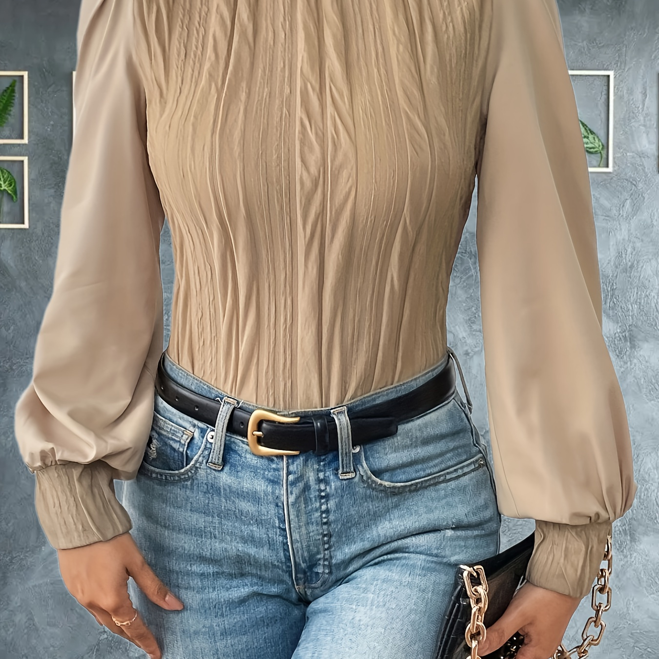 Pleated Square Neck Ruffle Cuff Blouse, Elegant Long Sleeve Blouse For ...