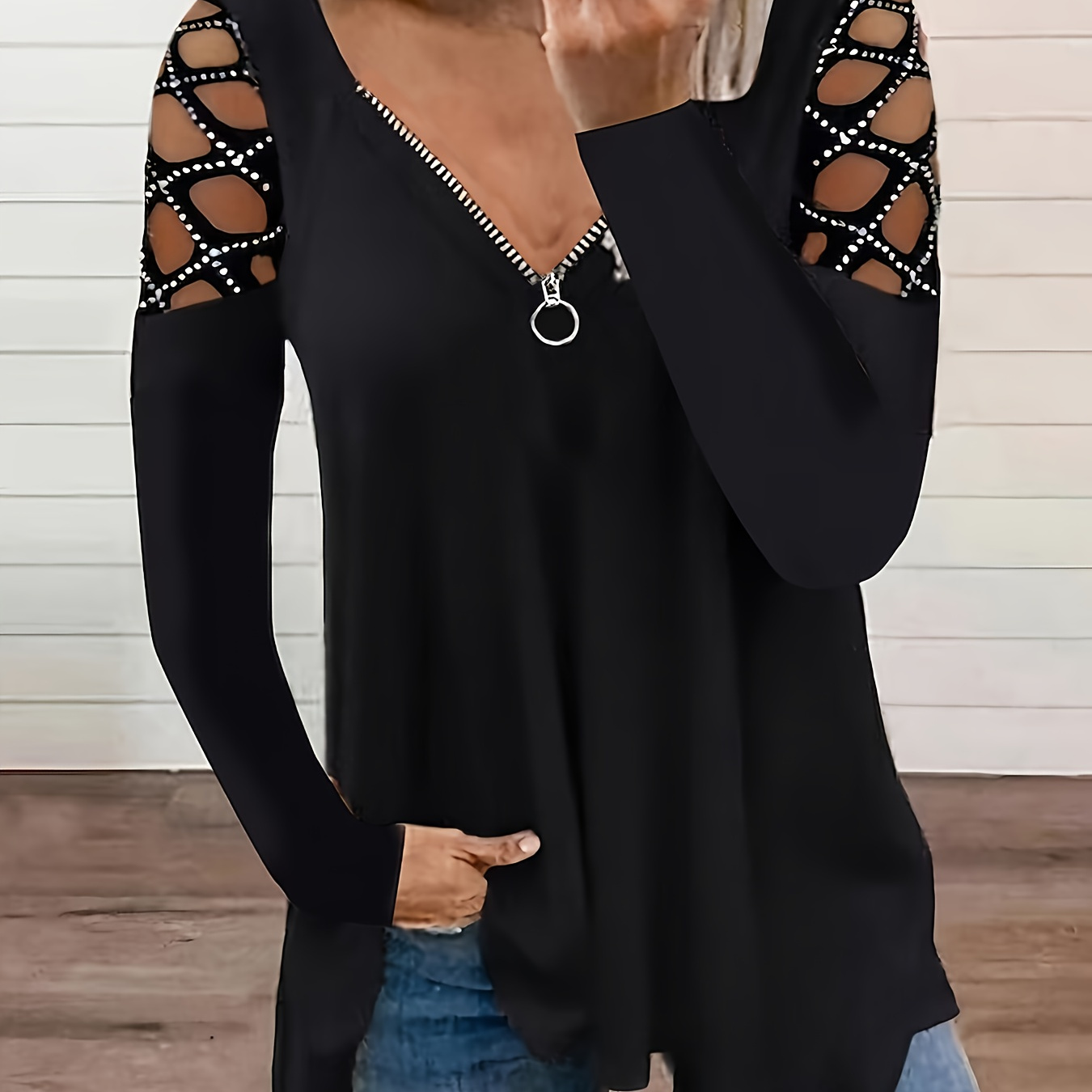 

Cutout Zipper Front T-shirt, Casual V Neck Long Sleeve T-shirt For Spring & Fall, Women's Clothing