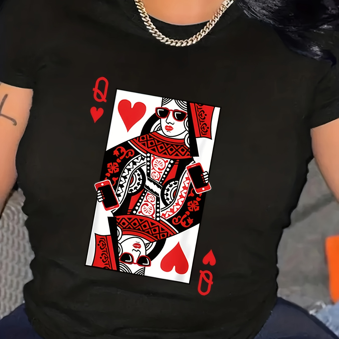 

Poker Graphic Print T-shirt, Casual Crew Neck Short Sleeve Top For Spring & Summer, Women's Clothing