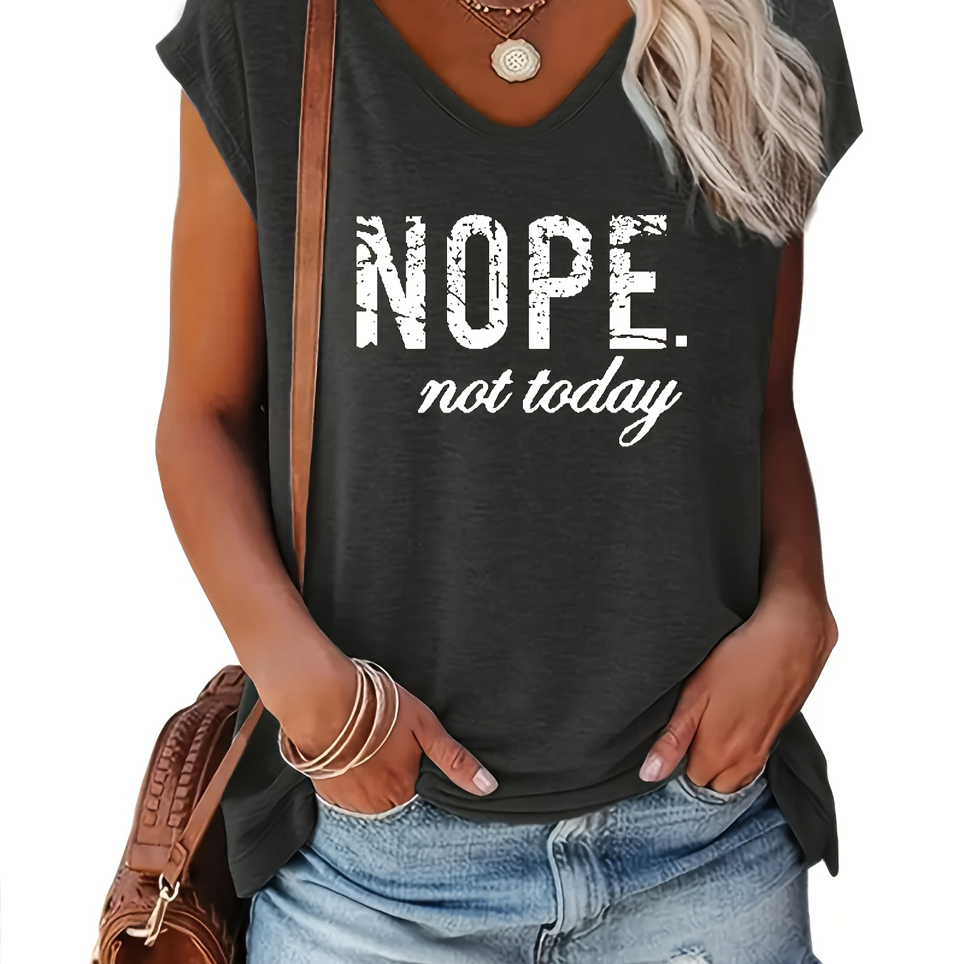 

Nope Not Today Print Tank Top, Casual V Neck Tank Top For Summer, Women's Clothing