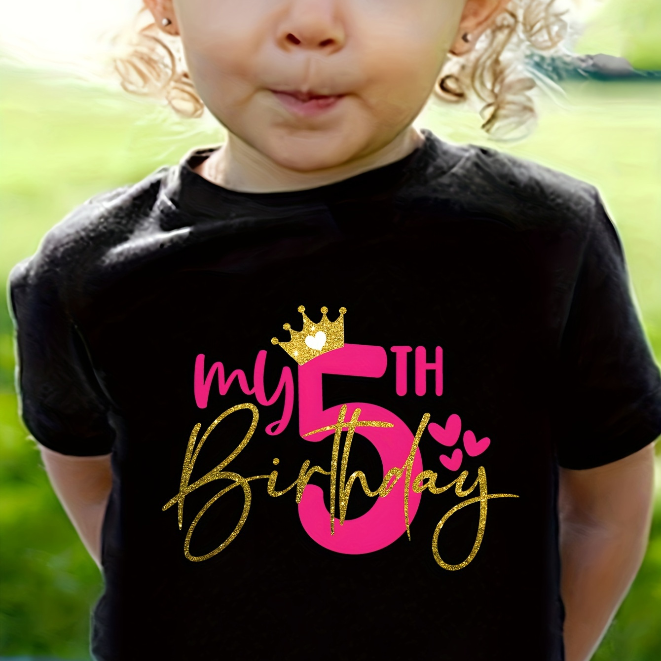 

Graffiti My 5th Birthday With Crown Graphic Print, Girls' Casual & Comfy Crew Neck Short Sleeve T-shirt For Spring & Summer, Girls' Clothes For Outdoor Activities