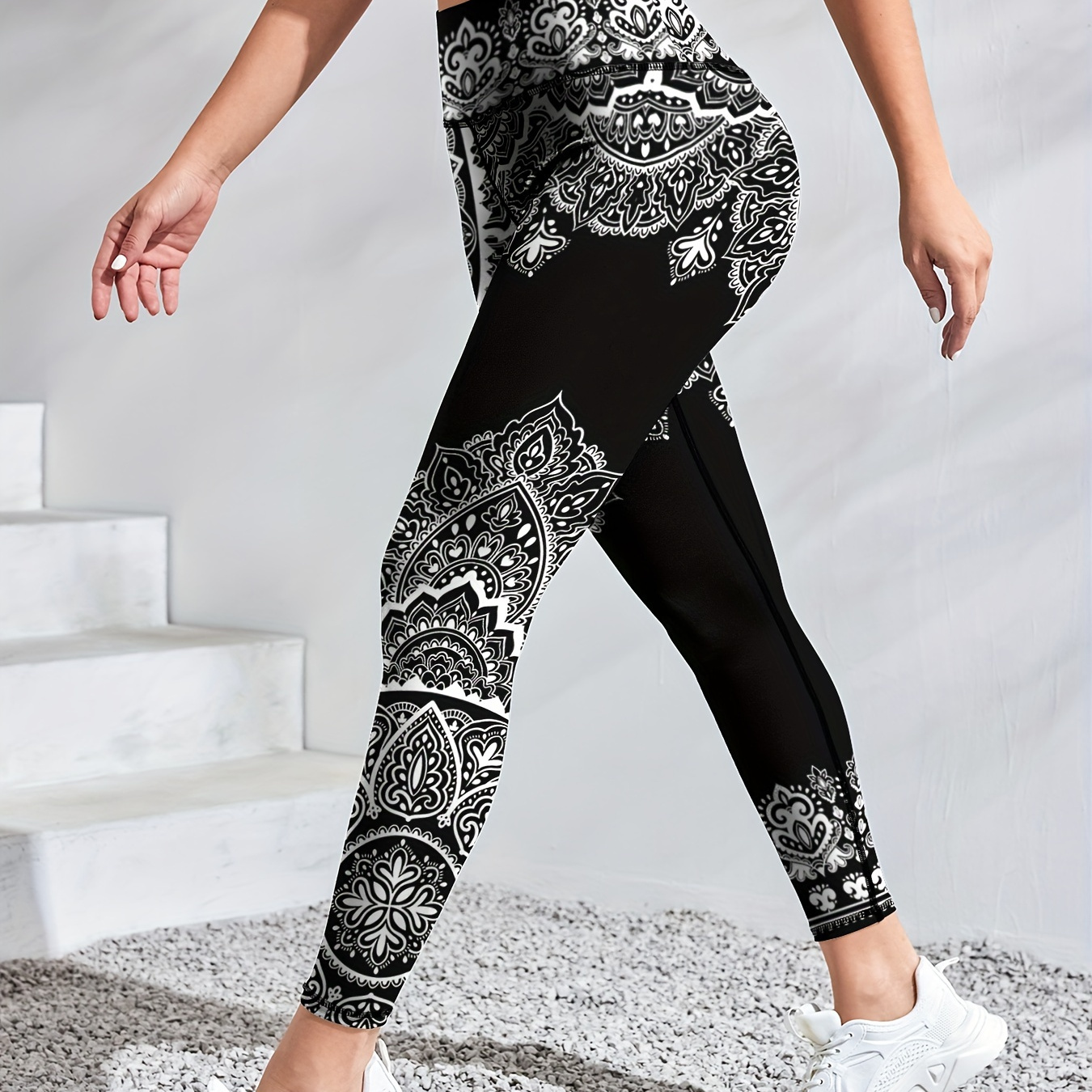 

High-waist Mandala Print Yoga Leggings For Women - Stretchy Bohemian Style Workout Pants, Black & White Floral , Polyester , Machine Washable, Fitness & Casual Wear