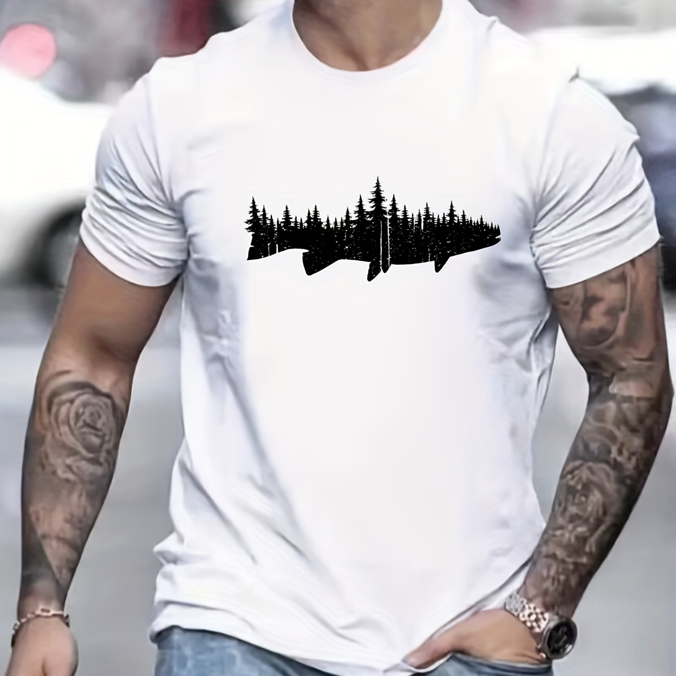 

Trendy Fish & Forest Pattern Print Men's Comfy Chic T-shirt, Graphic Tee Men's Summer Outdoor Clothes, Men's Clothing, Tops For Men, Gift For Men