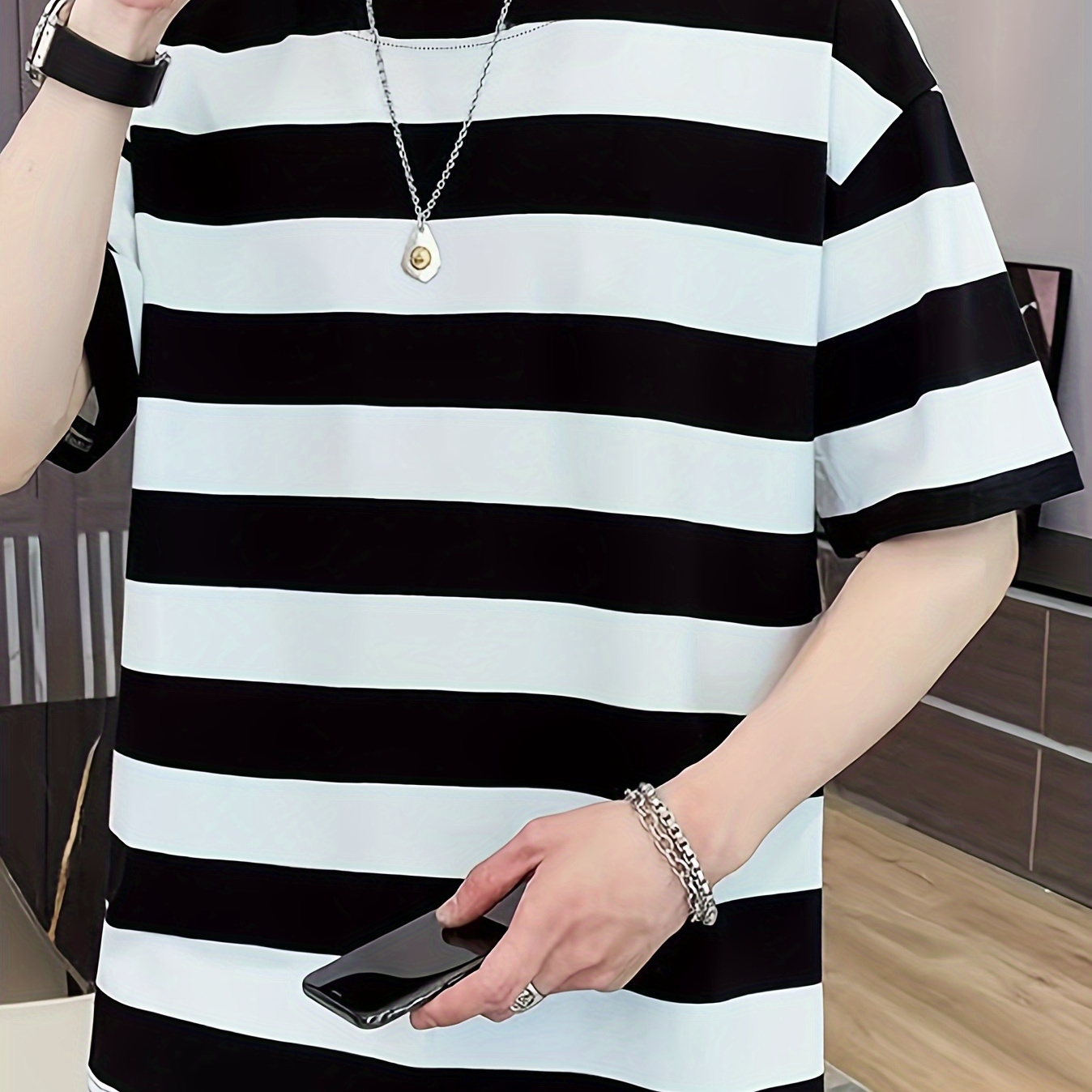 

Men's Striped T-shirt, Casual Short Sleeve Crew Neck Tee, Men's Clothing For Summer Outdoor