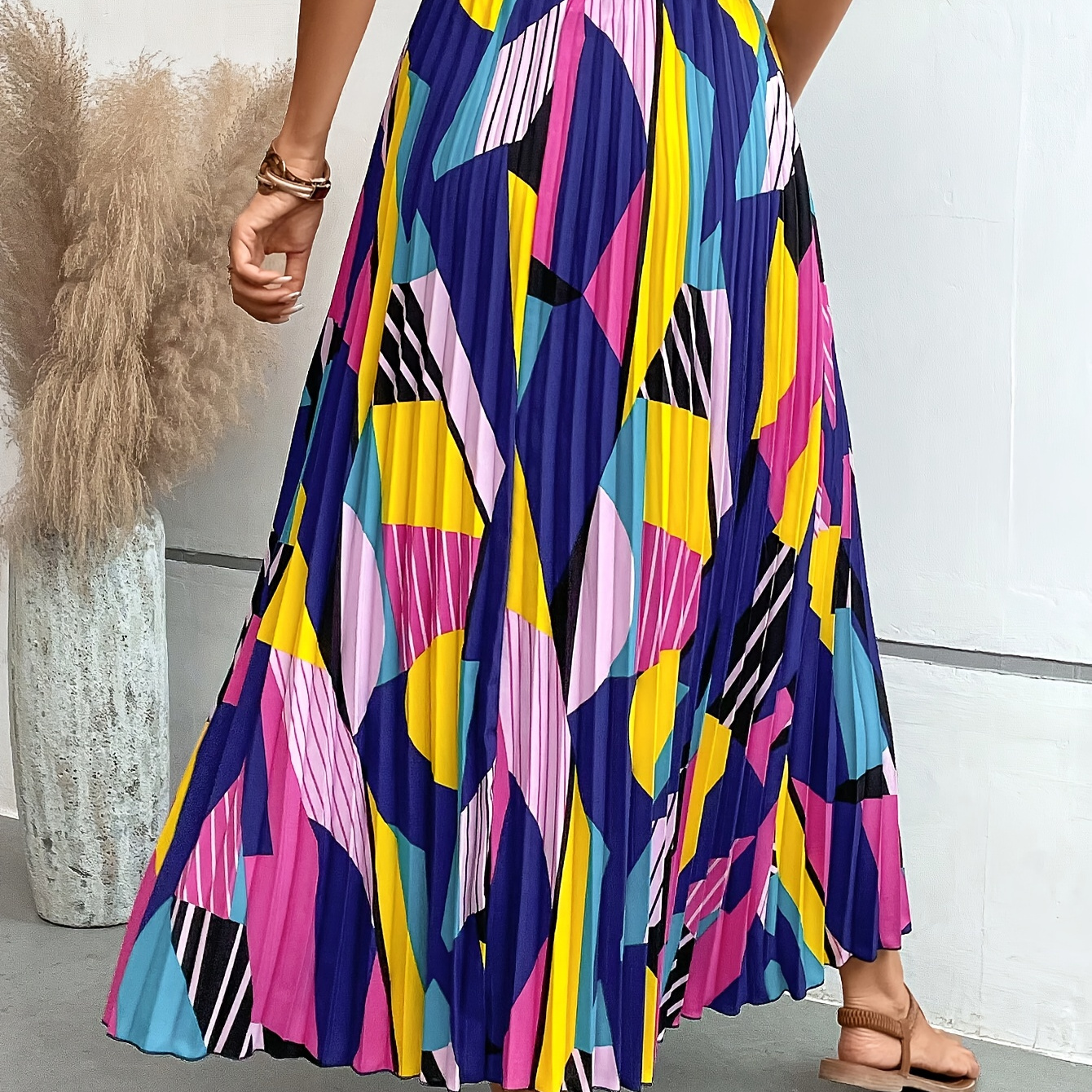 

Color Block High Waist Pleat Skirt, Elegant A-line Skirt For Spring & Summer, Women's Clothing