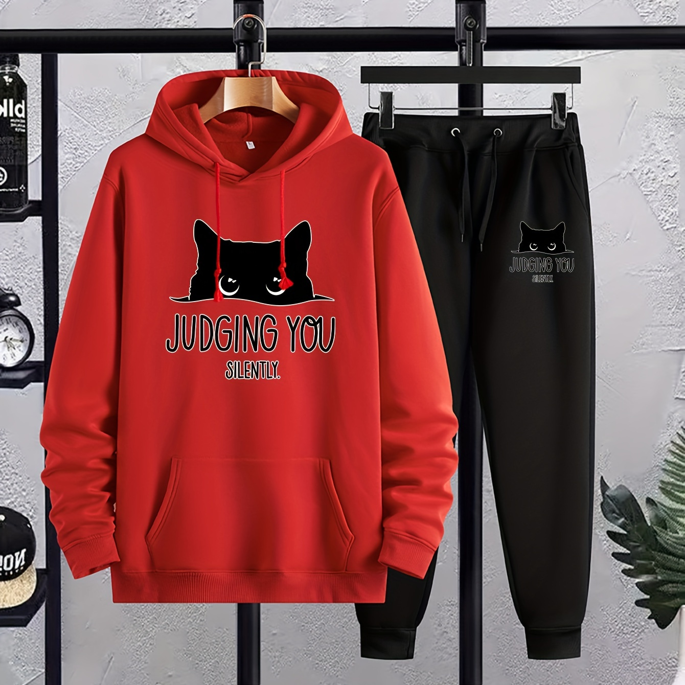 

Black Cat Print, Men's 2pcs Outfits, Casual Hoodies Long Sleeve Pullover Hooded Sweatshirt And Sweatpants Joggers Set For Spring Fall, Men's Clothing