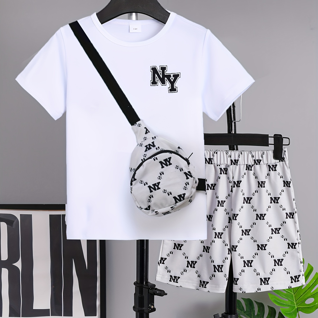 

Boy's Ny Letter Pattern 2pcs Casual Outfit, T-shirt & Bag & Shorts Set, Boy's Clothes For Summer