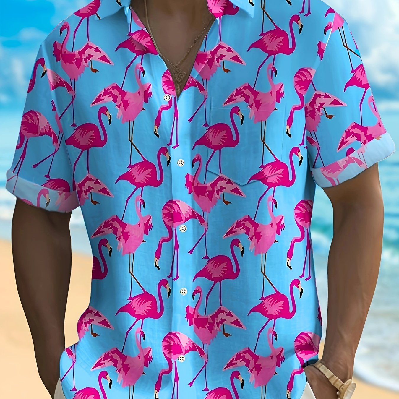 

Men's Allover Flamingo Print Short Sleeve Lapel Shirt For Summer, Hawaii Style Casual Comfy Shirts As Gift