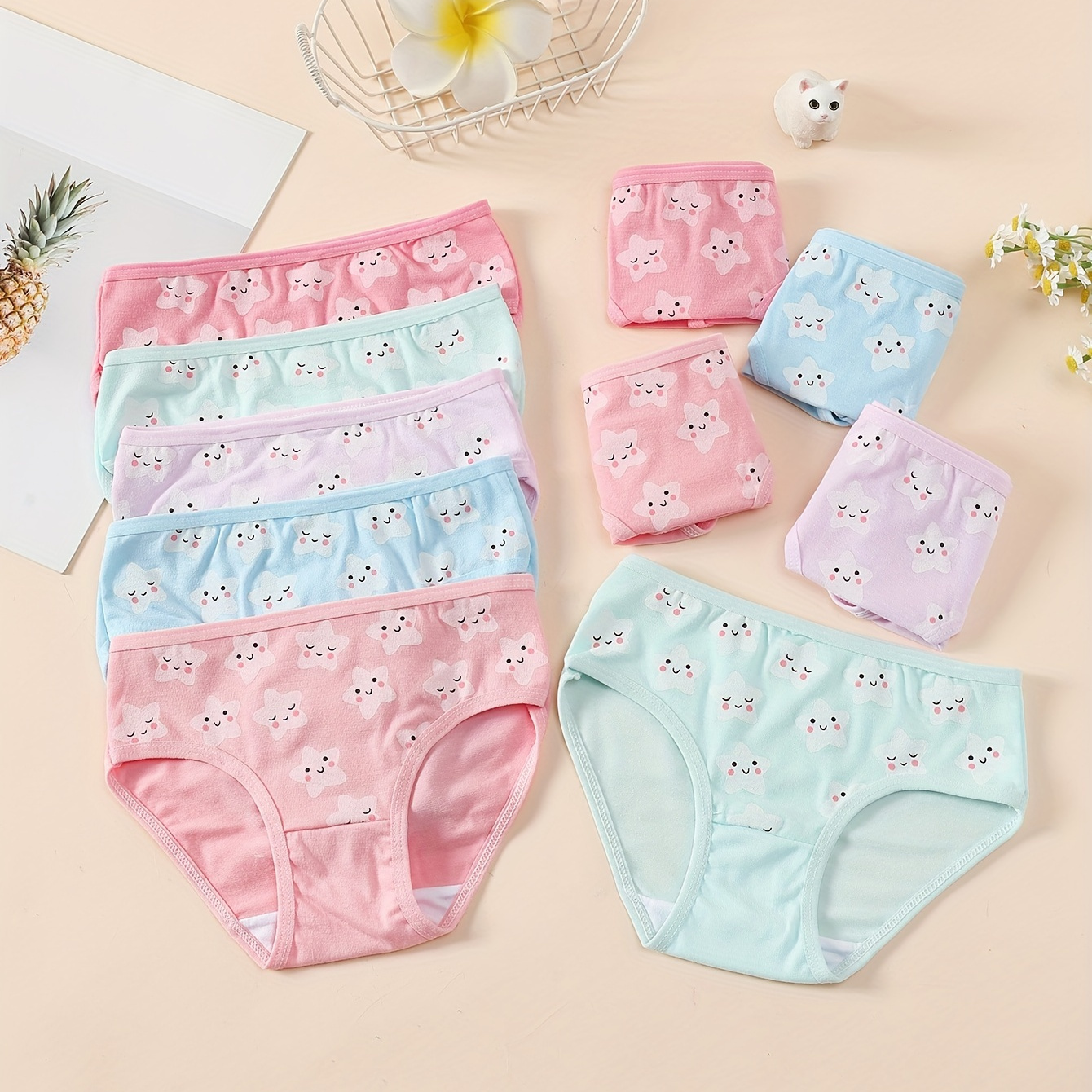 

10pcs Mixed Color Girls Briefs Cute Cartoon Cloud Pattern Print Cotton Bottoming Underwear Soft Comfy Breathable Kids Panties Clothing