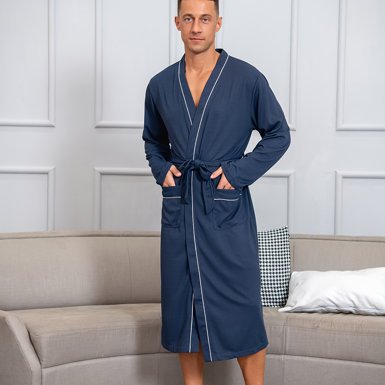 

Men's Comfy Solid Robe With Pockets, Home Pajamas Wear One-piece Lace Up Night-robe Sets For Spring Summer Wearing