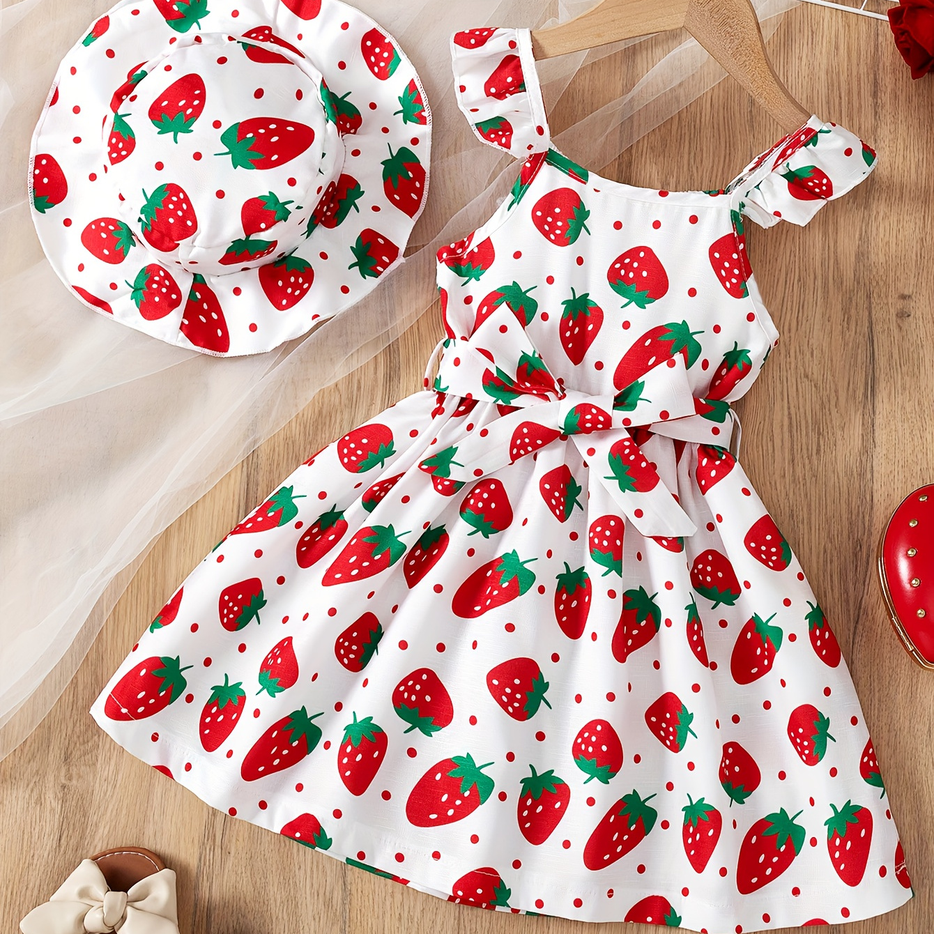 vestido sin niñas estampado fresa cinturón diseño Temu Uruguay