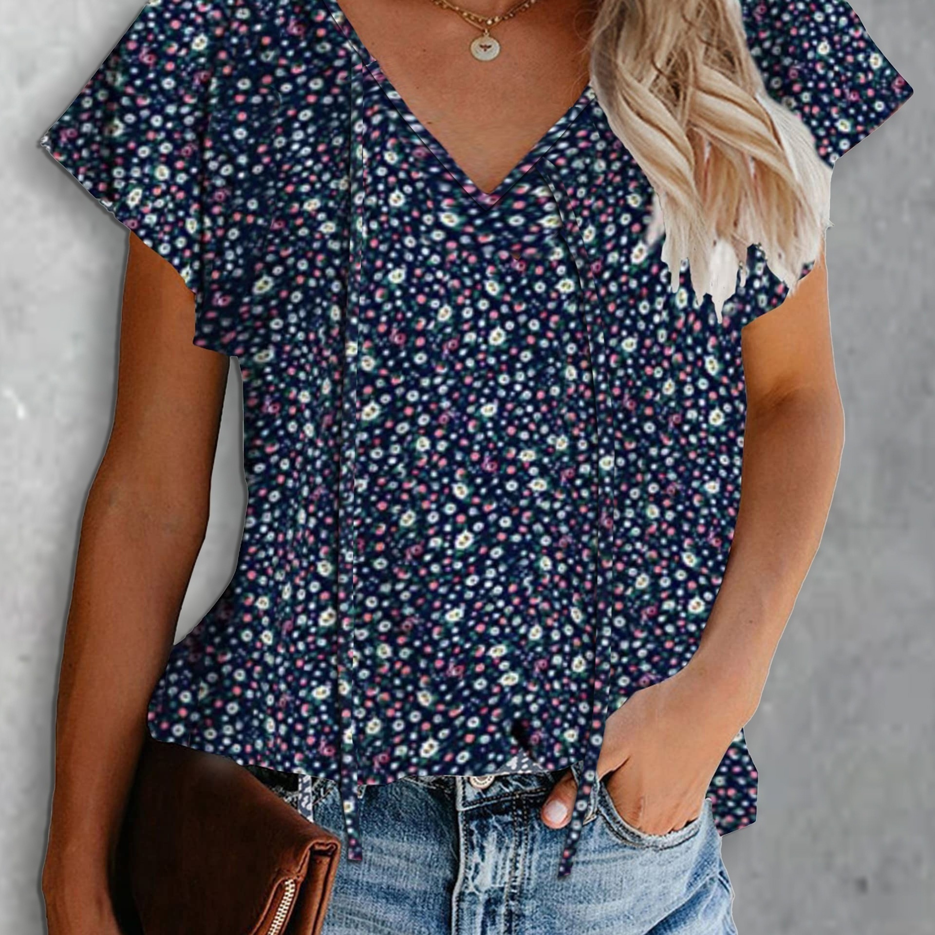 

Floral Print V Neck Blouse, Short Sleeve Vacation Casual Top For Summer & Spring, Women's Clothing