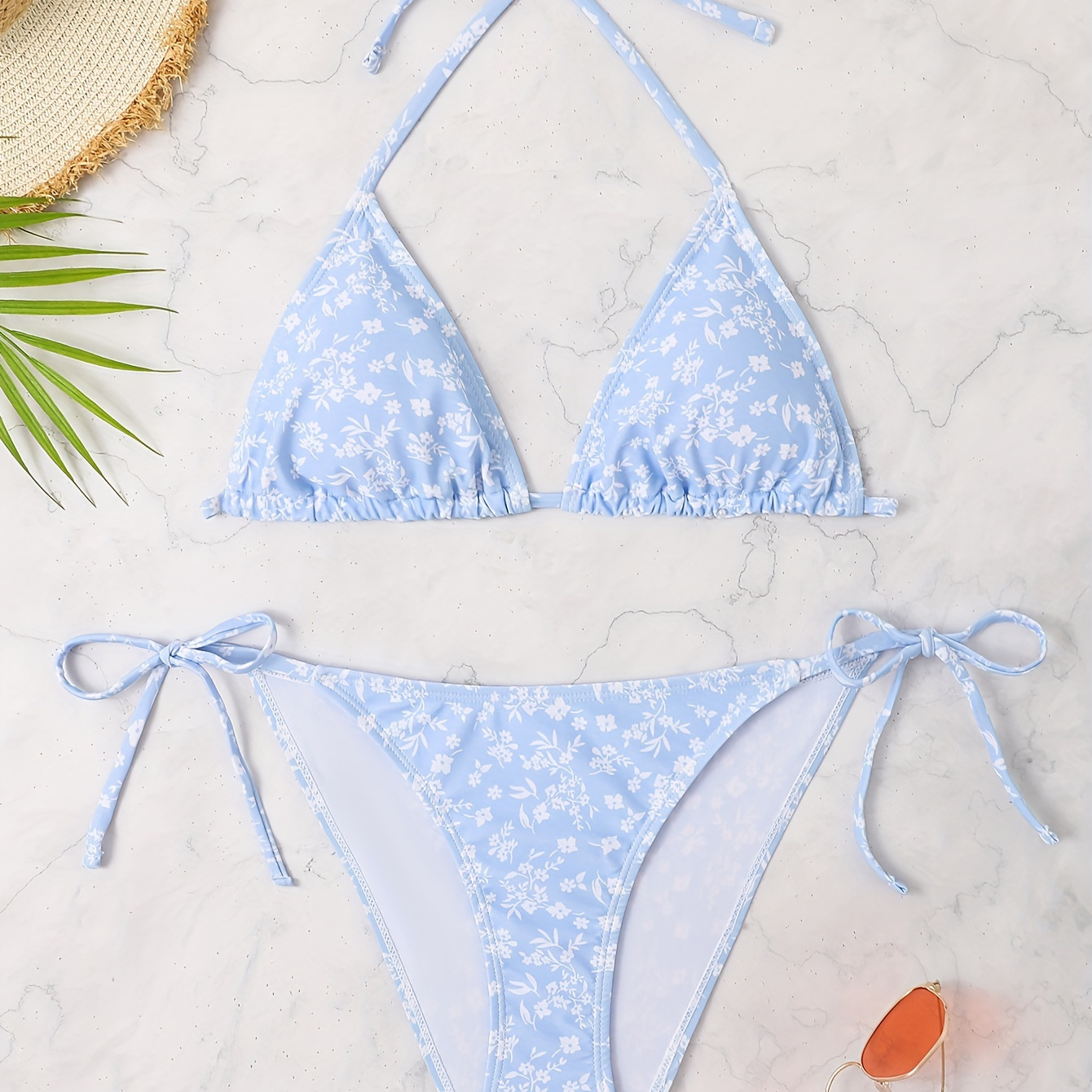

Ditsy Floral Print Triangle 2 Piece Set Bikini, Halter Tie Strap Backless Swimsuits, Women's Swimwear & Clothing