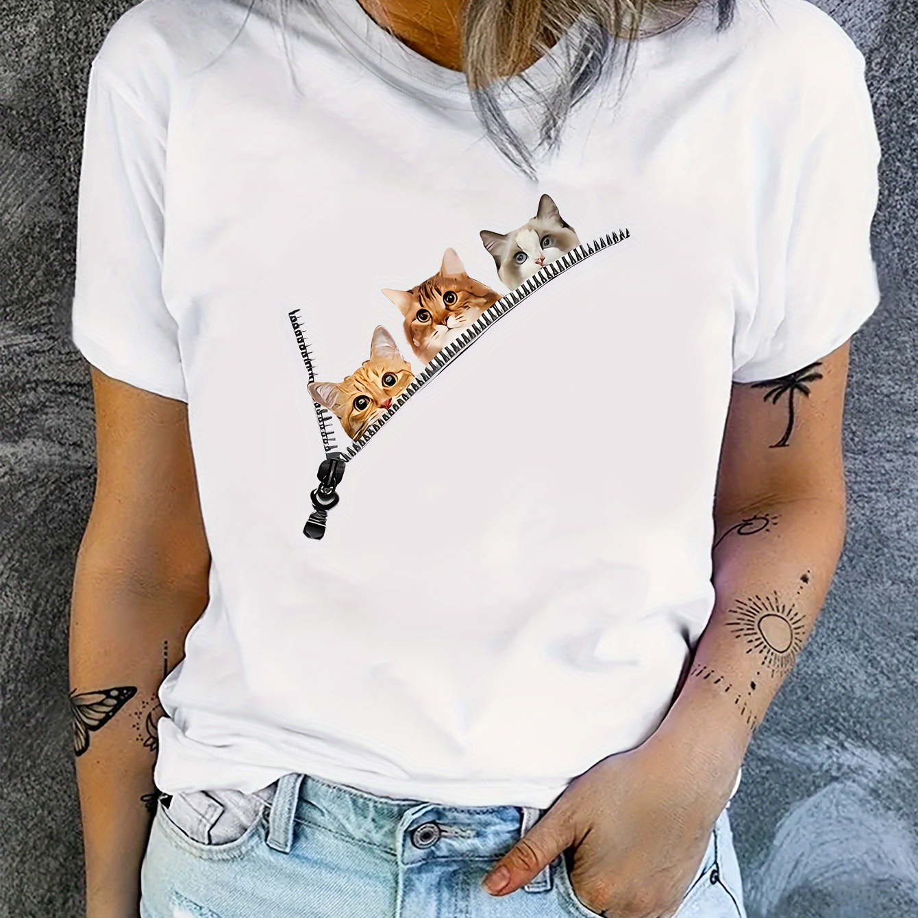 

Cats Print Crew Neck T-shirt, Casual Short Sleeve Top For Spring & Summer, Women's Clothing