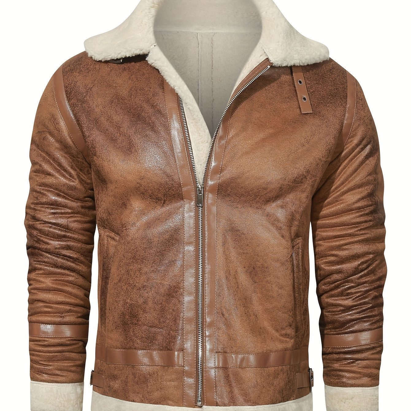 

Men's Faux Leather Jacket With Zipper Closure, Warm Thickened Coat With Turn-down Collar, Casual & Daily Wear