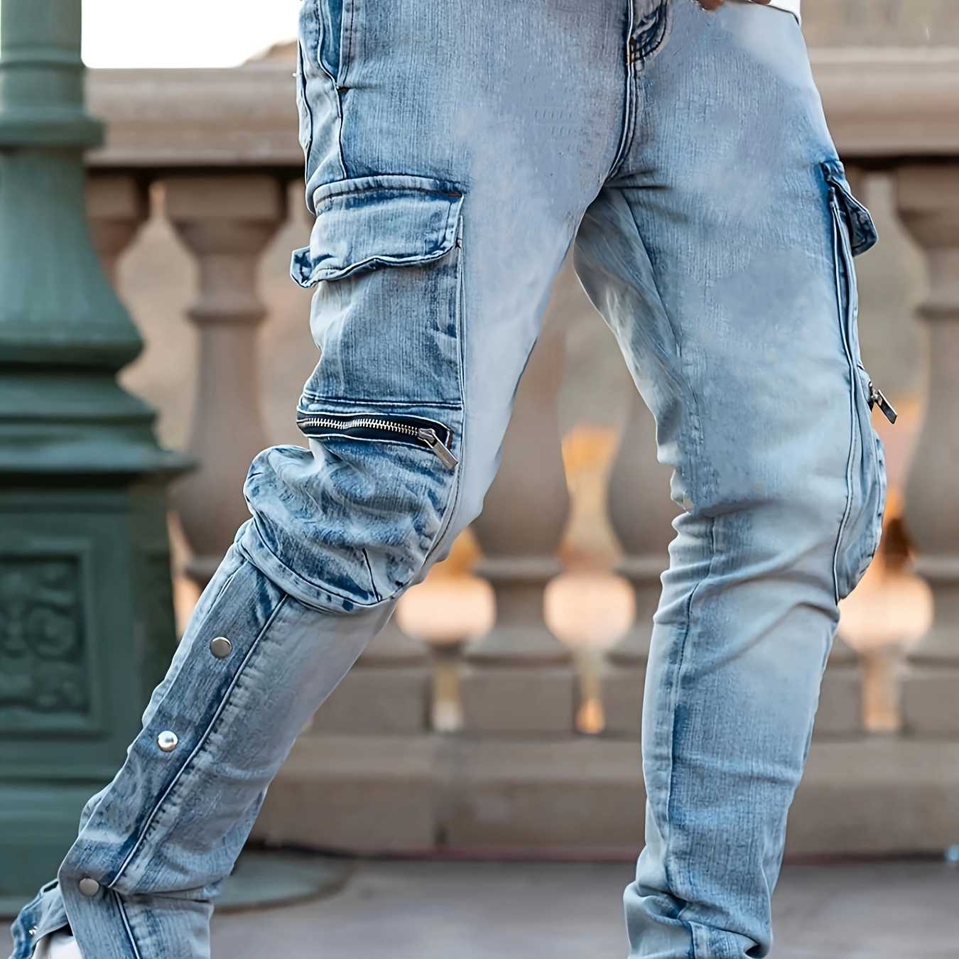 

Men's Stylish Multi-pocket Distressed Stretch Denim Jeans, Slim Fit, Casual Fashion Pants For Daily Wear