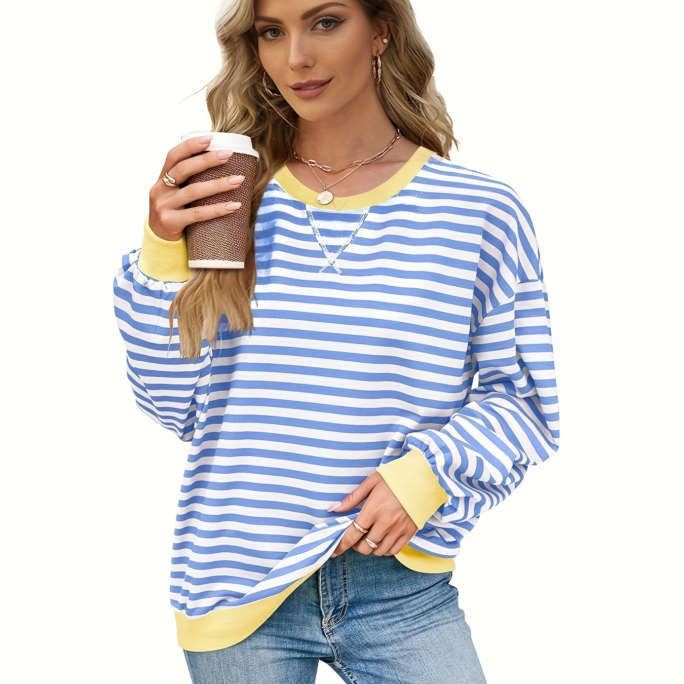 

Women Striped Oversized Sweatshirt Color Block Crew Neck Long Sleeve Shirt Pullover Top