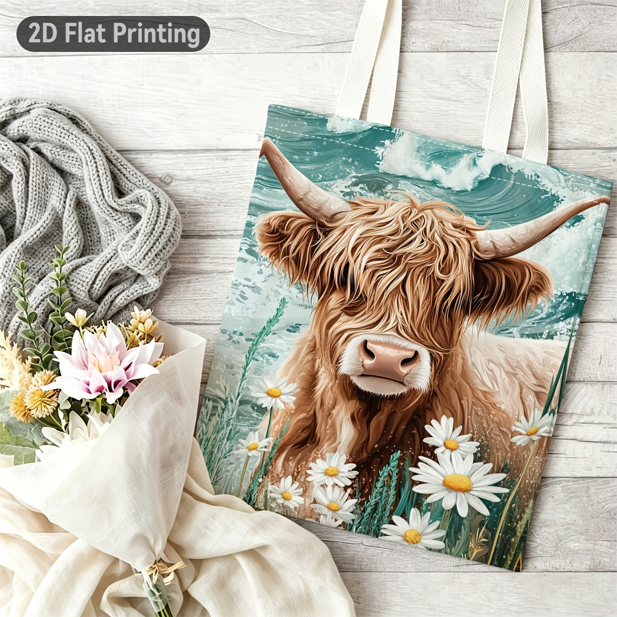 TEMU 2d Flat 1pc Watercolor Highland Cow And Daisies Durable Tote Bag, Duplex Prints Fluffy Cow With White Daisies, Ideal For Grocery Shopping, Beach