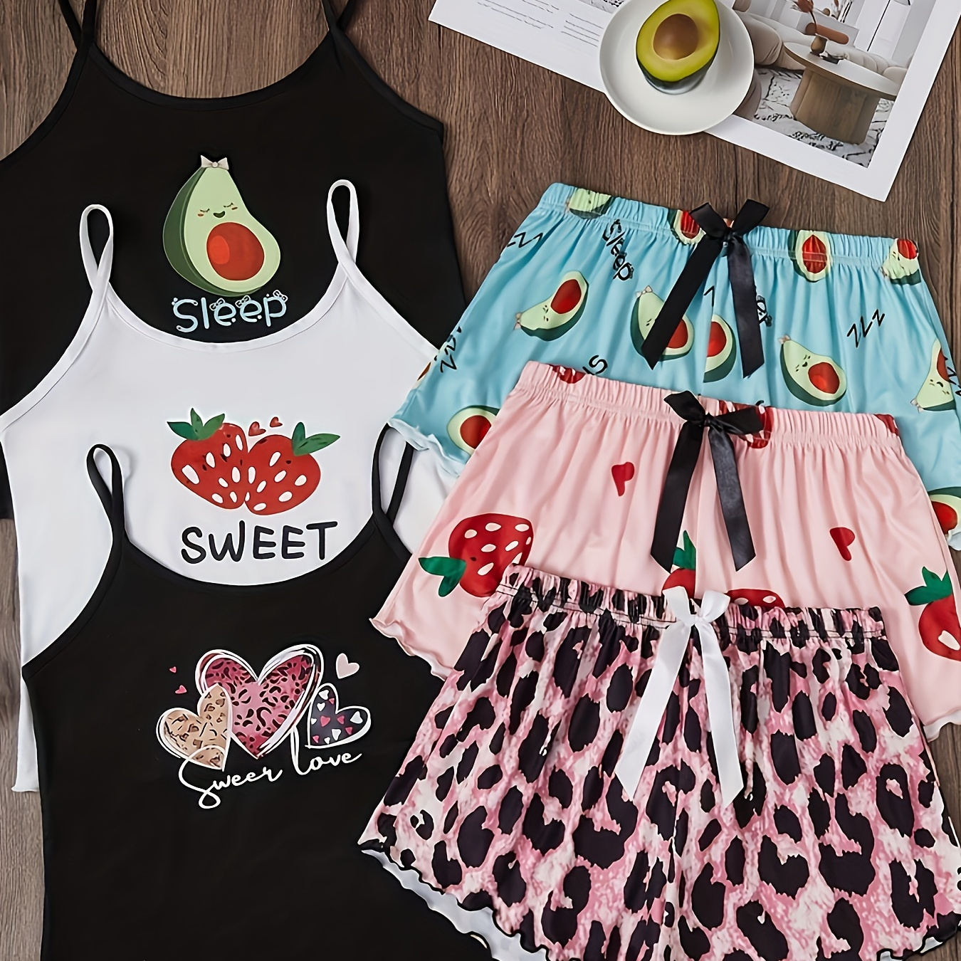 

Women's Cute Cartoon Print Pajama Set - 3pcs, Comfy Polyester & Elastane , Lettuce Trim Cami Tops & Shorts, Machine Washable