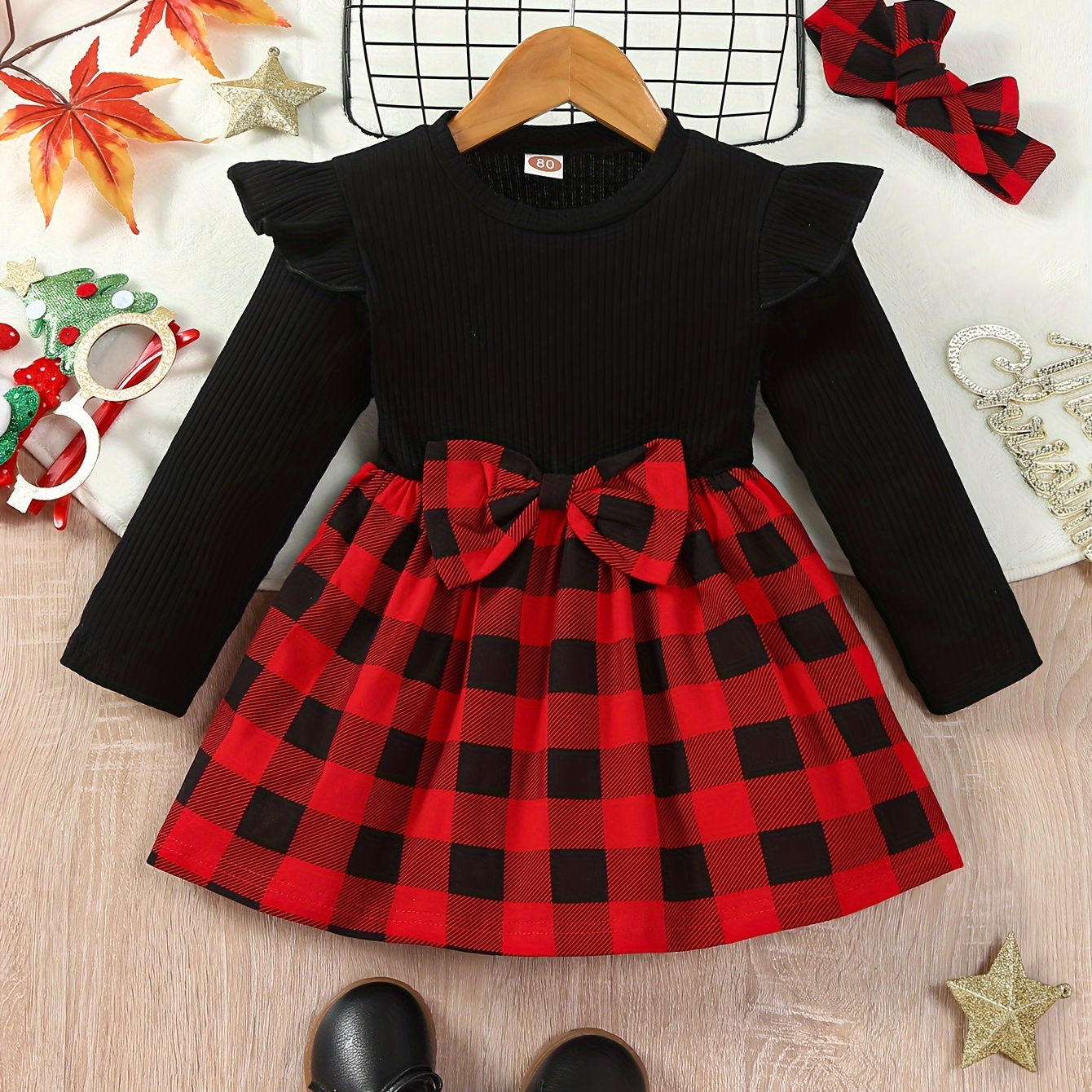 

Cute Toddler Baby Girls Pit Strip Solid Color Flying Long Sleeve Top Splicing Red Plaid Skirt Swing Girls Hot Selling Clothes Holiday Girls Casual Dress
