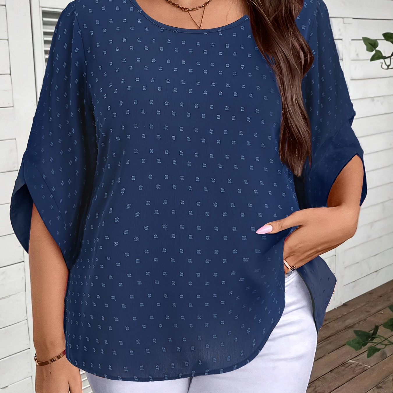 

Plus Size Swiss Dot Solid Top, Elegant Crew Neck 3/4 Sleeve Top For Spring & Summer, Women's Plus Size Clothing