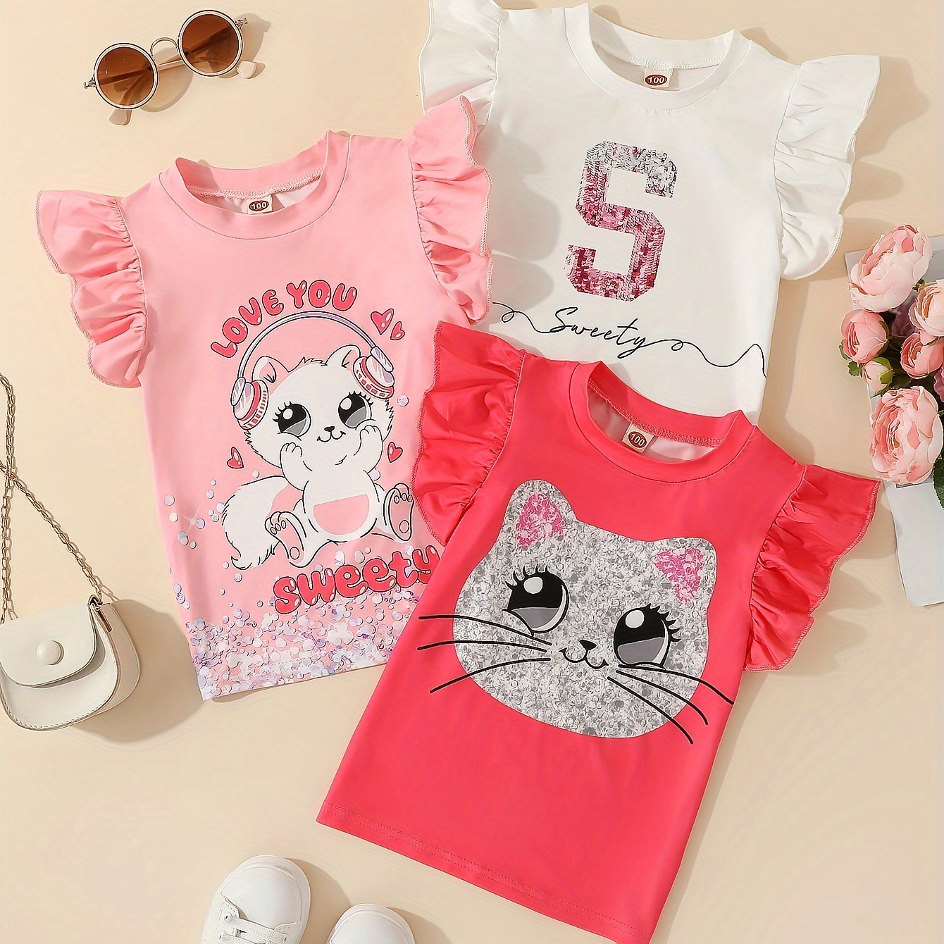 

3pcs Girls Cute Cartoon Kitty Graphic Sequin Print Flutter Trim T-shirt Set For Summer