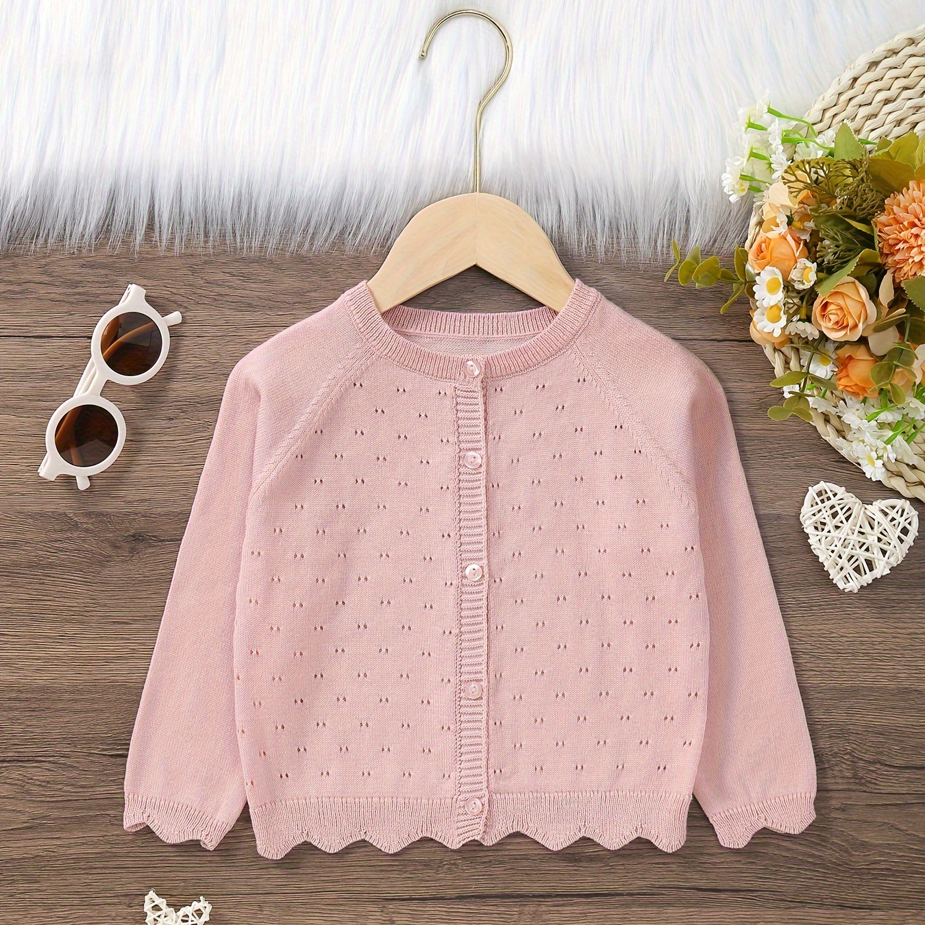 

Baby Girl's Knitted Sweater, Button Down Thin Cardigan Top, Cute Hollow Long Sleeve Sweater Coat Top For Spring And Autumn