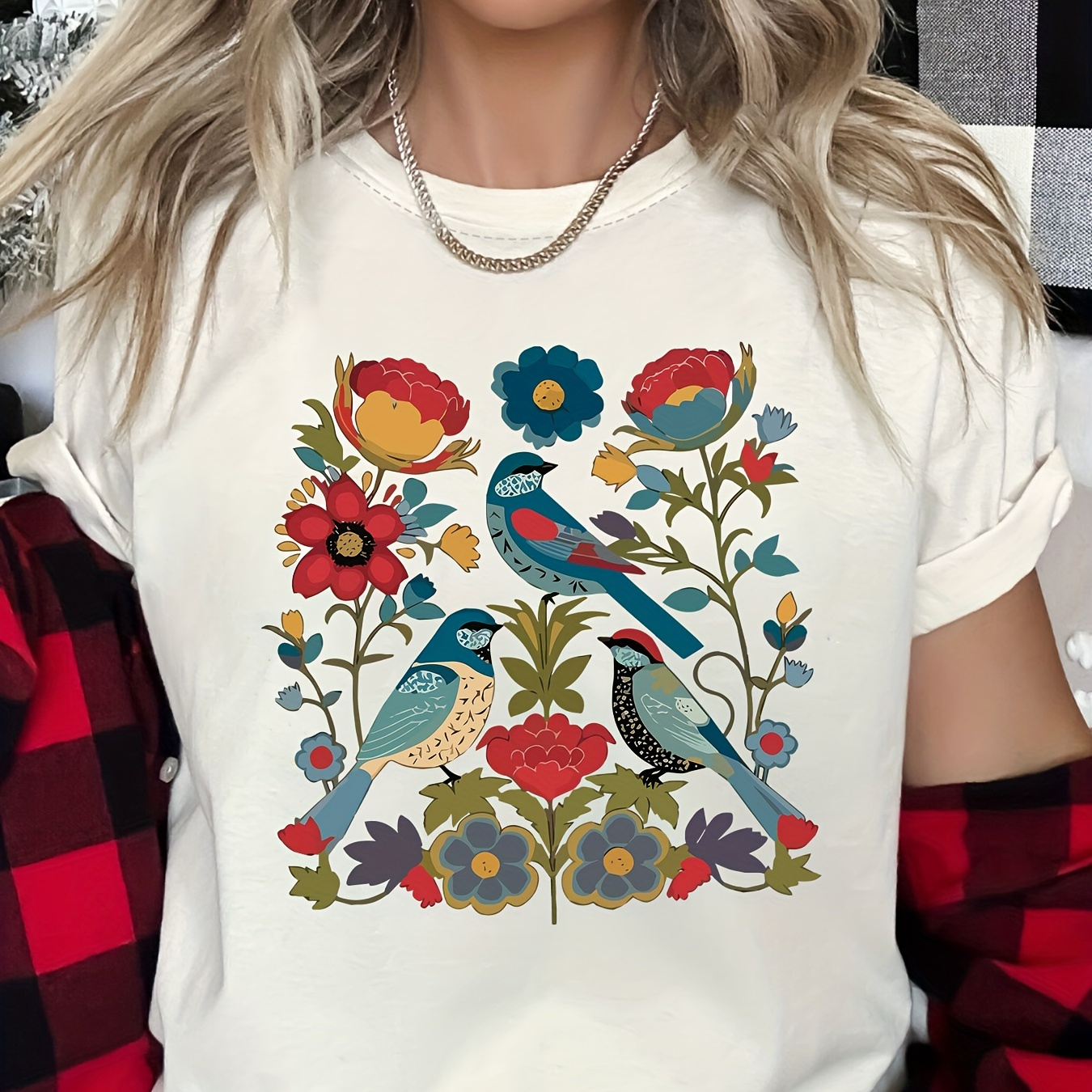 

Plus Size Bird & Floral Print Crew Neck T-shirt, Casual Short Sleeve T-shirt For Spring & Summer, Women's Plus Size Clothing
