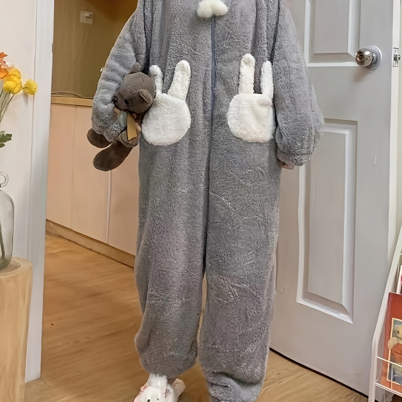 

Cartoon Bunny Fuzzy Hooded Jumpsuit For Music Festival, Cute Long Sleeve Zipper Pajamas, Women's Sleepwear & Loungewear