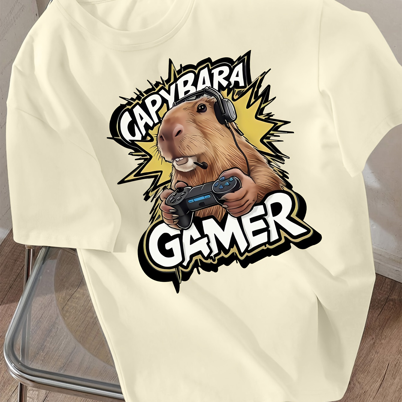 

Boys' Capybara Gamer Graphic T-shirt - Soft, Lightweight & Comfy Casual Summer Tee With Fun Cartoon Design, Gray, Gaming Themed Apparel|cartoon Graphic Tee|stretchy Fabric