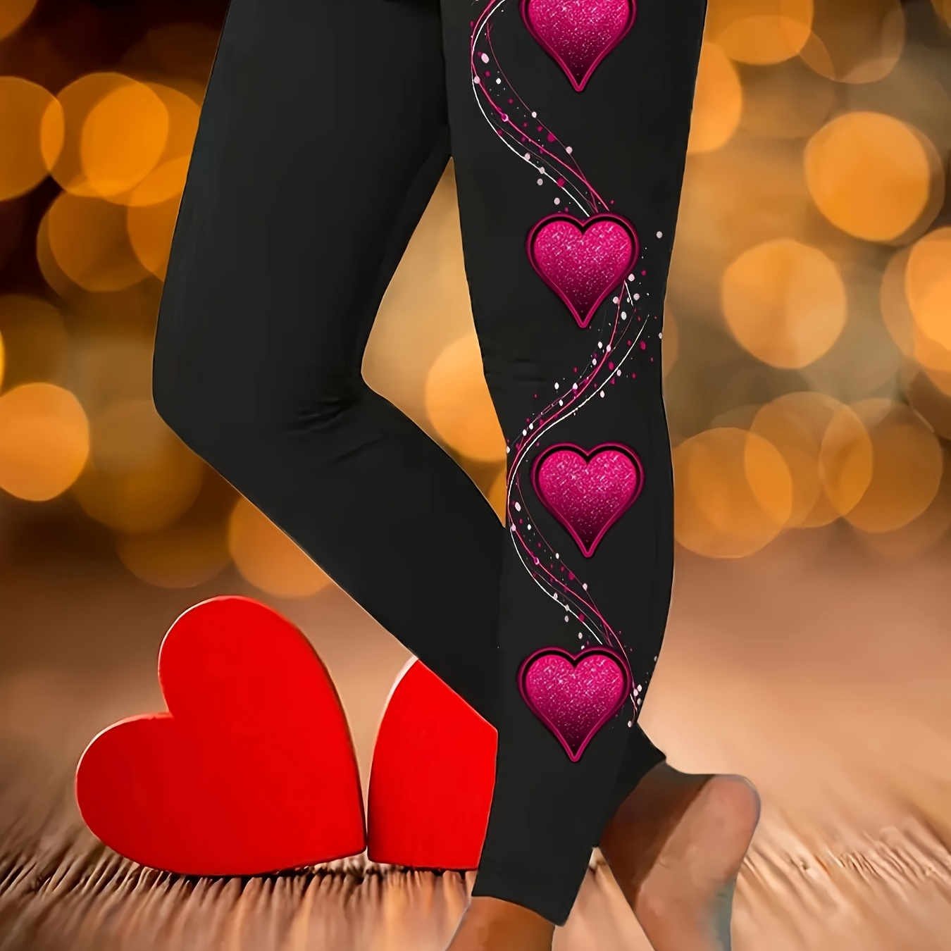 

Plus Size Women's Valentine's Day Heart Print Stretchy Leggings - Elegant Black With Purple & White Accents, Fit Waistband, Polyester , Machine Washable - Ideal For Spring/autumn, Plus Size Leggings