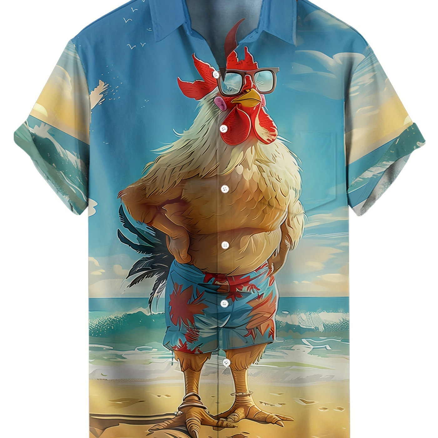 

Hippie Funny Chicken Cock Cartoon Pattern Hawaiian Beach Style Young Man Casual Short Sleeve Button Loose Breathable Shirt