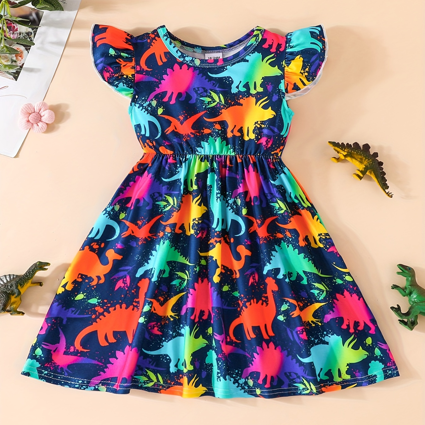 Infant Baby Colorful Cartoon Print Dress With Ruffle Sleeves, Trendy Casual Comfy Pleated Dress