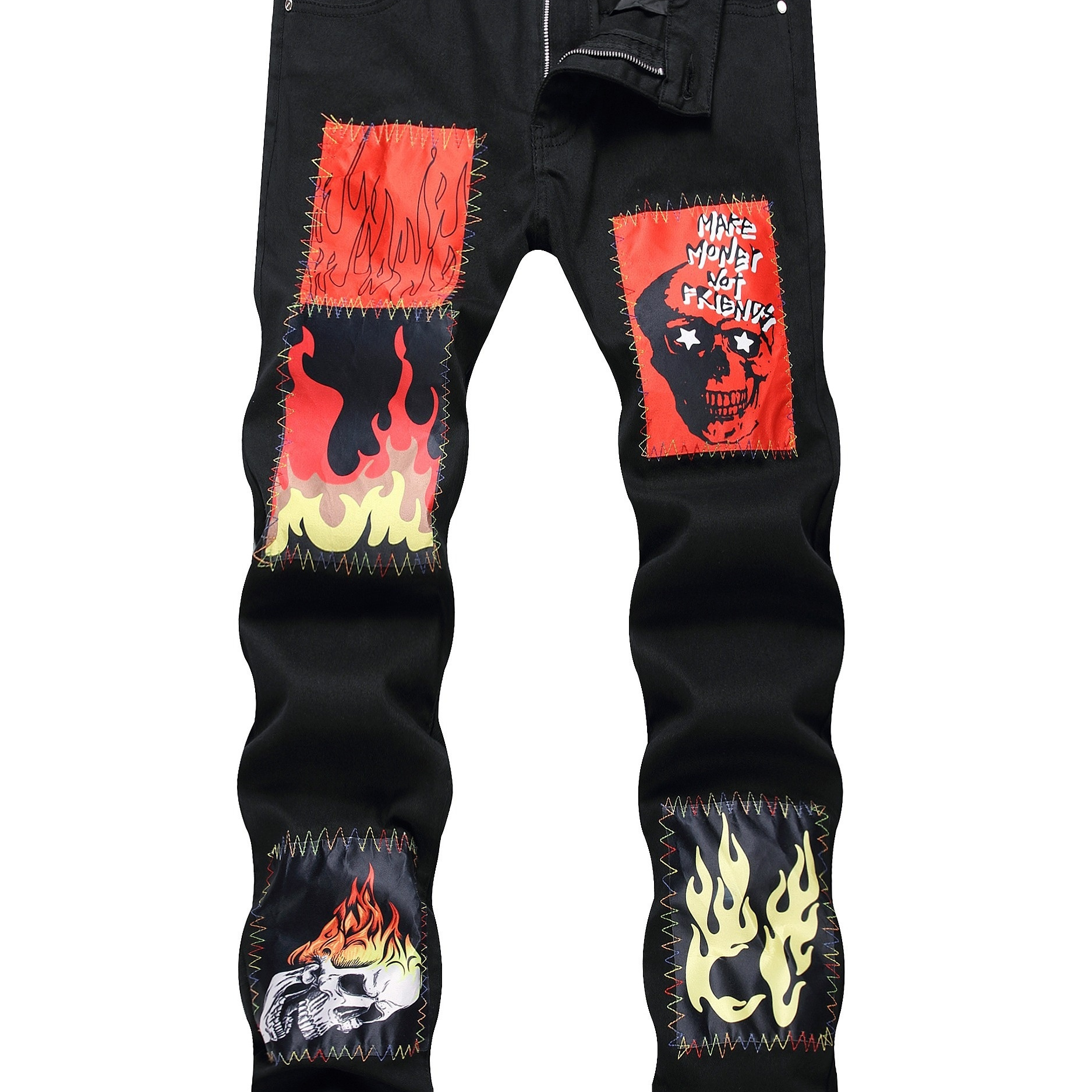 Plus Size Men's Skull & Flames Print Jeans Slim Fit Denim Pants For Fall Winter, Men's Clothing