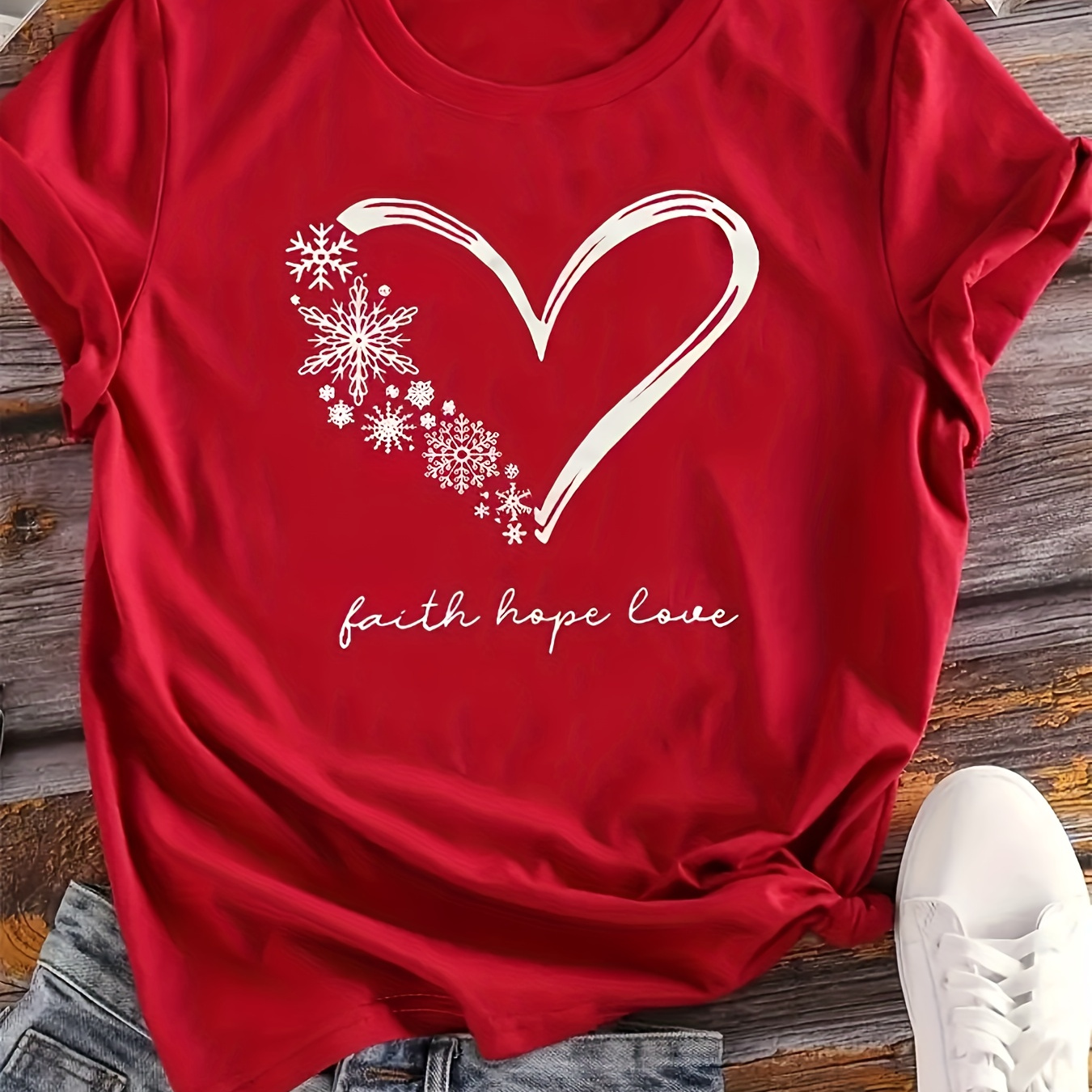 

Valentine's Day Heart Print T-shirt For Women - Casual Crew Neck, Short Sleeve, Cotton Top, Machine Washable