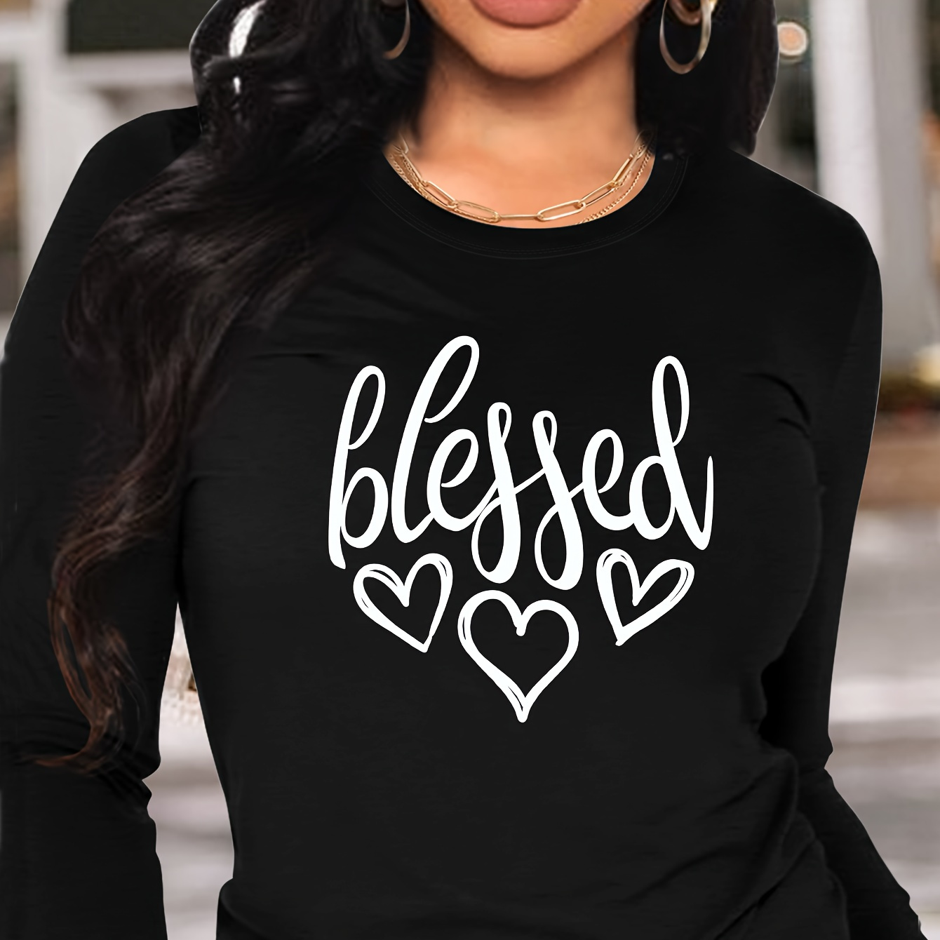 

Blessed & Heart Print T-shirt, Long Sleeve Crew Neck Casual Top For Spring & Fall, Women's Clothing