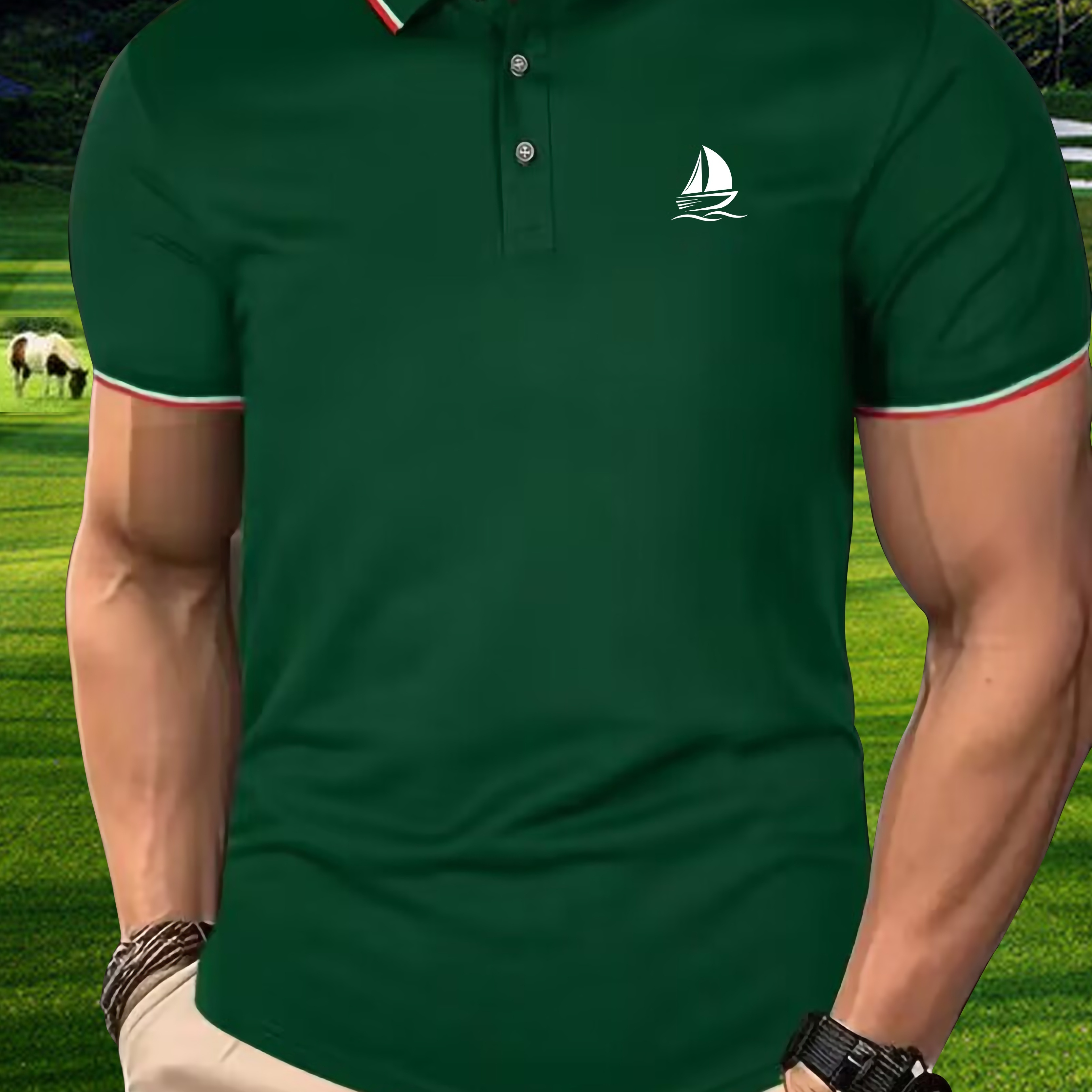 

Men's Boat Print Shirt, Casual Slightly Stretch Breathable Button Up Short Sleeve Shirt For Outdoor
