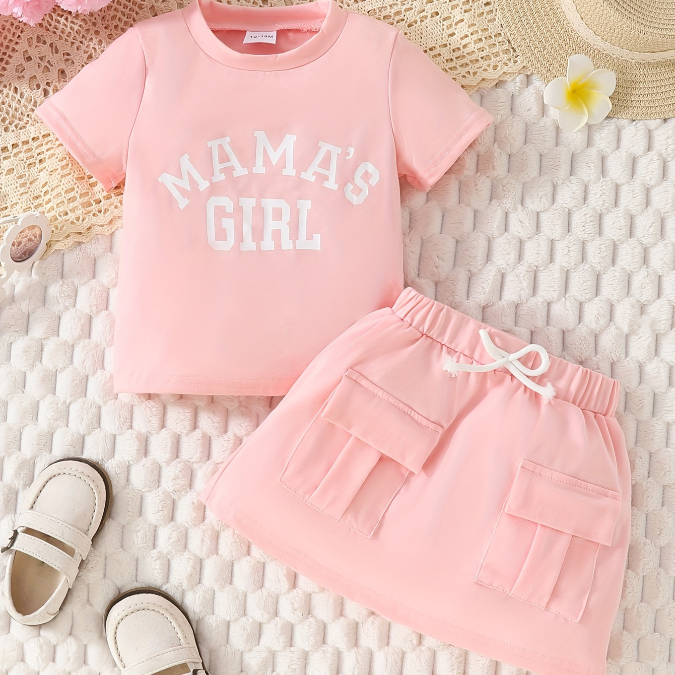 

Baby's "mama's Girl" Print 2pcs Trendy Summer Outfit, T-shirt & Pocket Patched Skirt Set, Toddler & Infant Girl's Clothes For Daily/holiday, As Gift