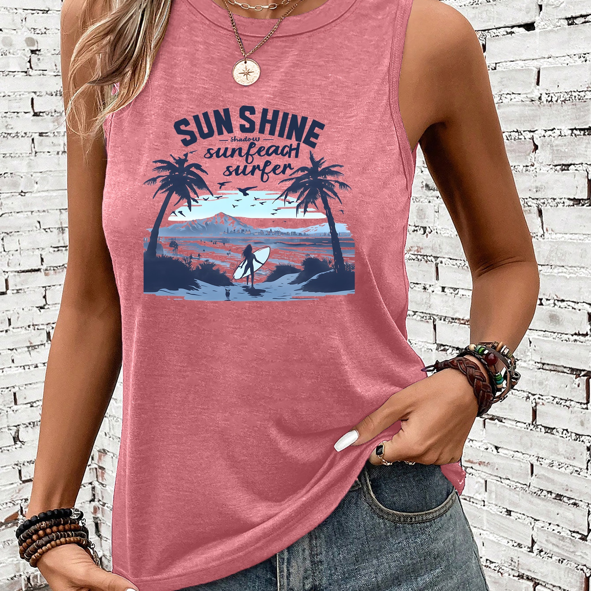 

Landscape Print Tank Top, Sleeveless Casual Top For Summer & Spring, Women's Clothing