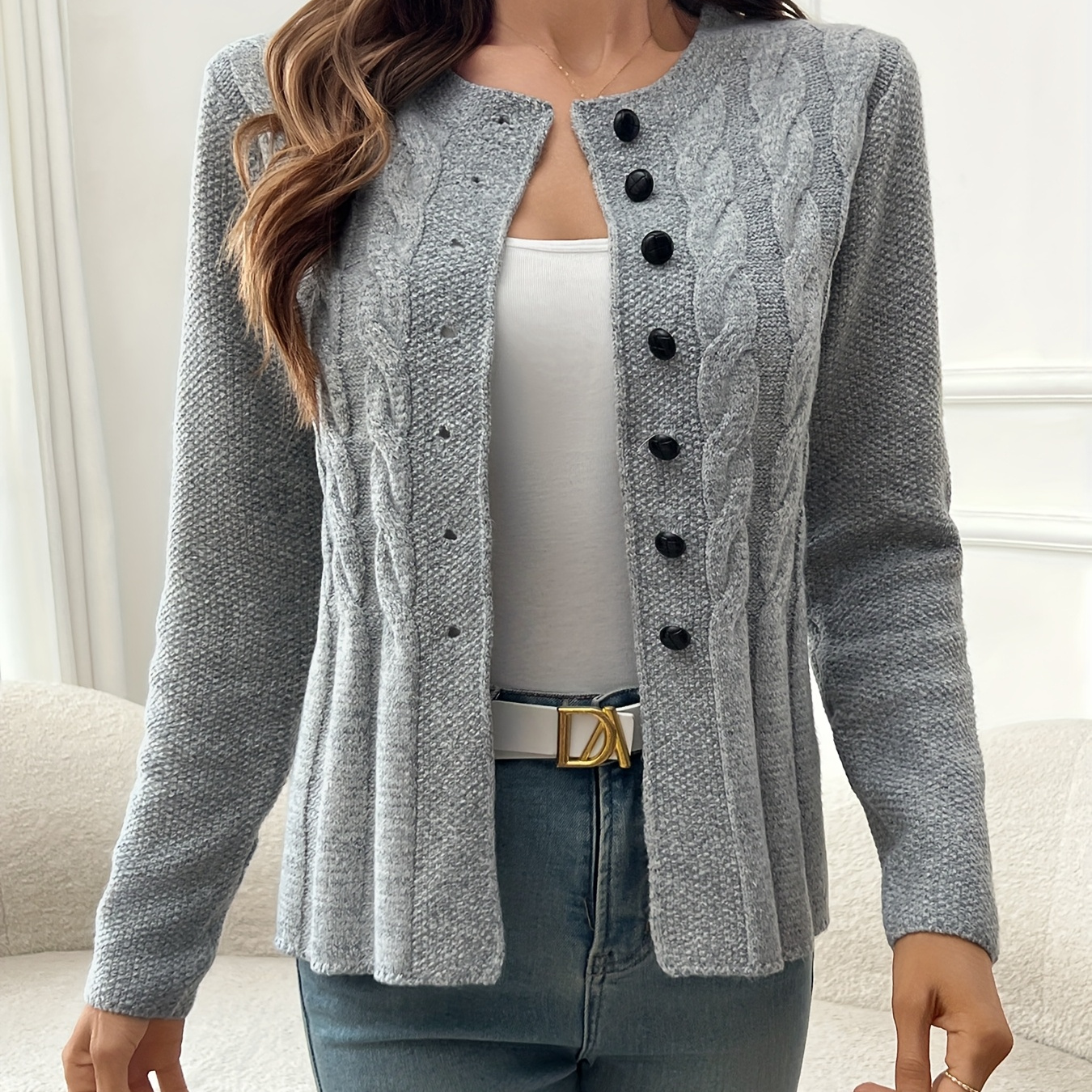 

Cardigan Décontracté pour Femme à Manches Longues avec Boutons sur le Devant, Col Rond, Couleur Unie - Mélange Polyester/Acrylique, Tissu Tricoté, Élasticité Moyenne pour Toutes les