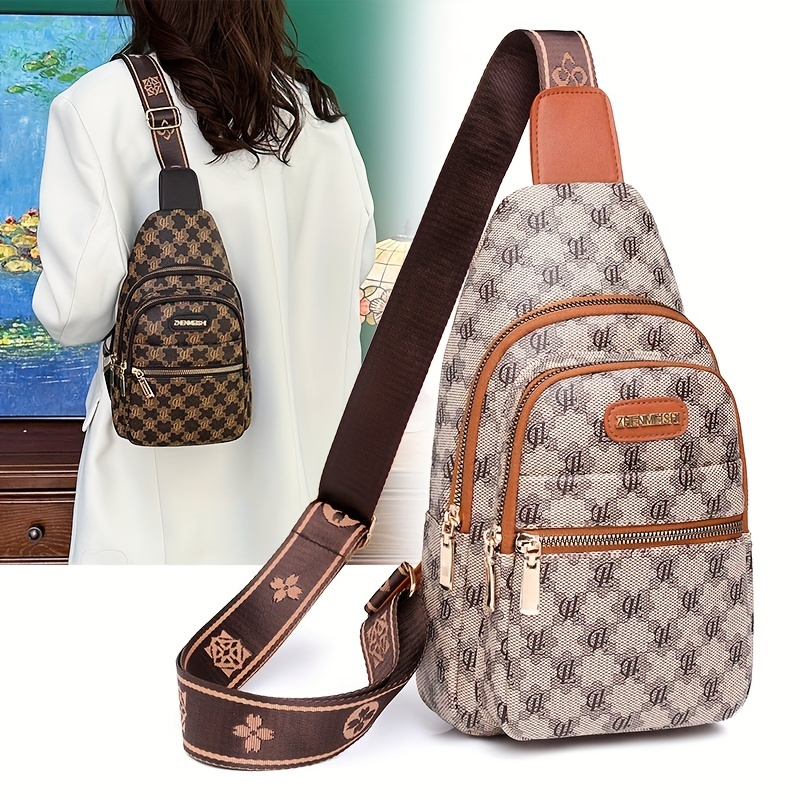 

Fashion Printed Sling Bag, Women's Multi Pocket Chest Purse, Pu Leather Crossbody Bag For Travel Sports