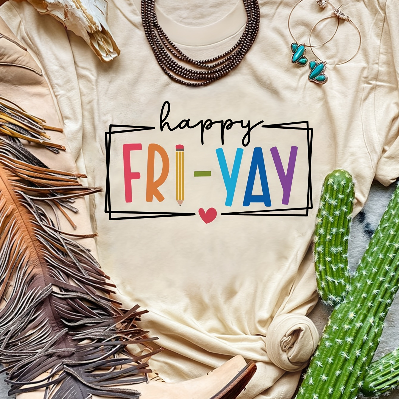 

Happy Print Crew Neck T-shirt, Casual Short Sleeve Top For Spring & Summer, Women's Clothing