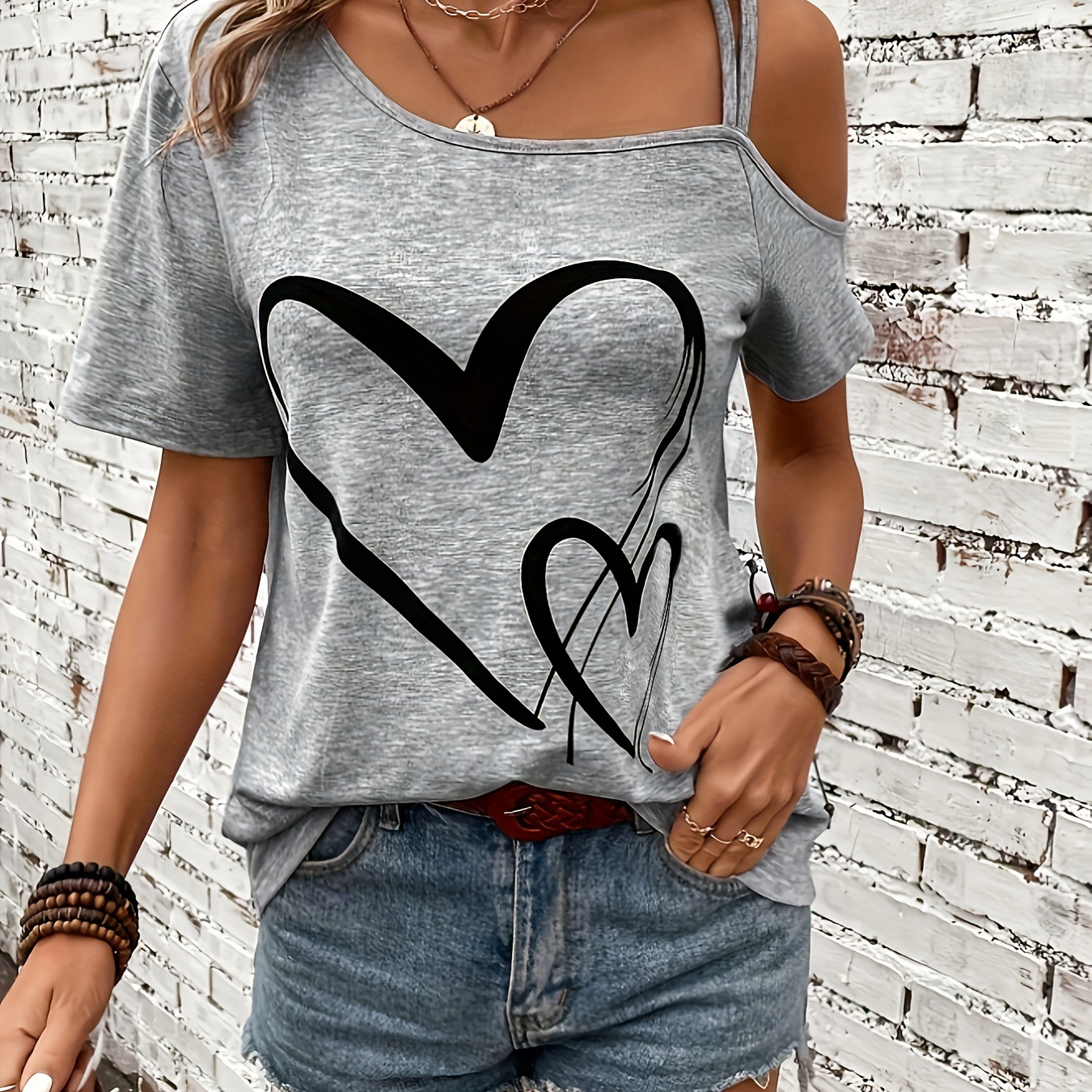 

Heart Print 1 Shoulder T-shirt, Elegant Short Sleeve Top For Spring & Summer, Women's Clothing