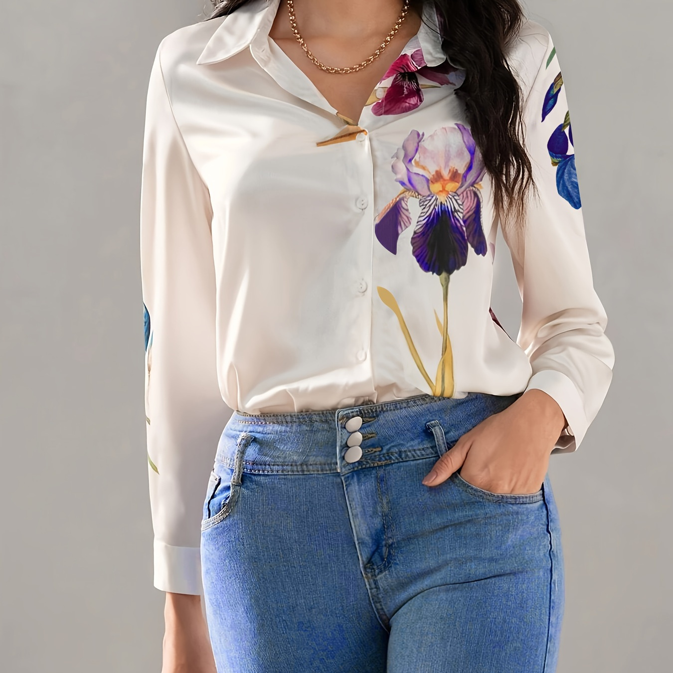 

Chemise boutonnée à imprimé floral sur le devant, chemise décontractée à manches longues pour et l’automne, vêtements pour femmes